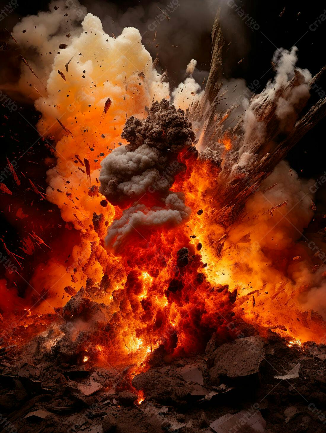 Explosão de fogo e destroços