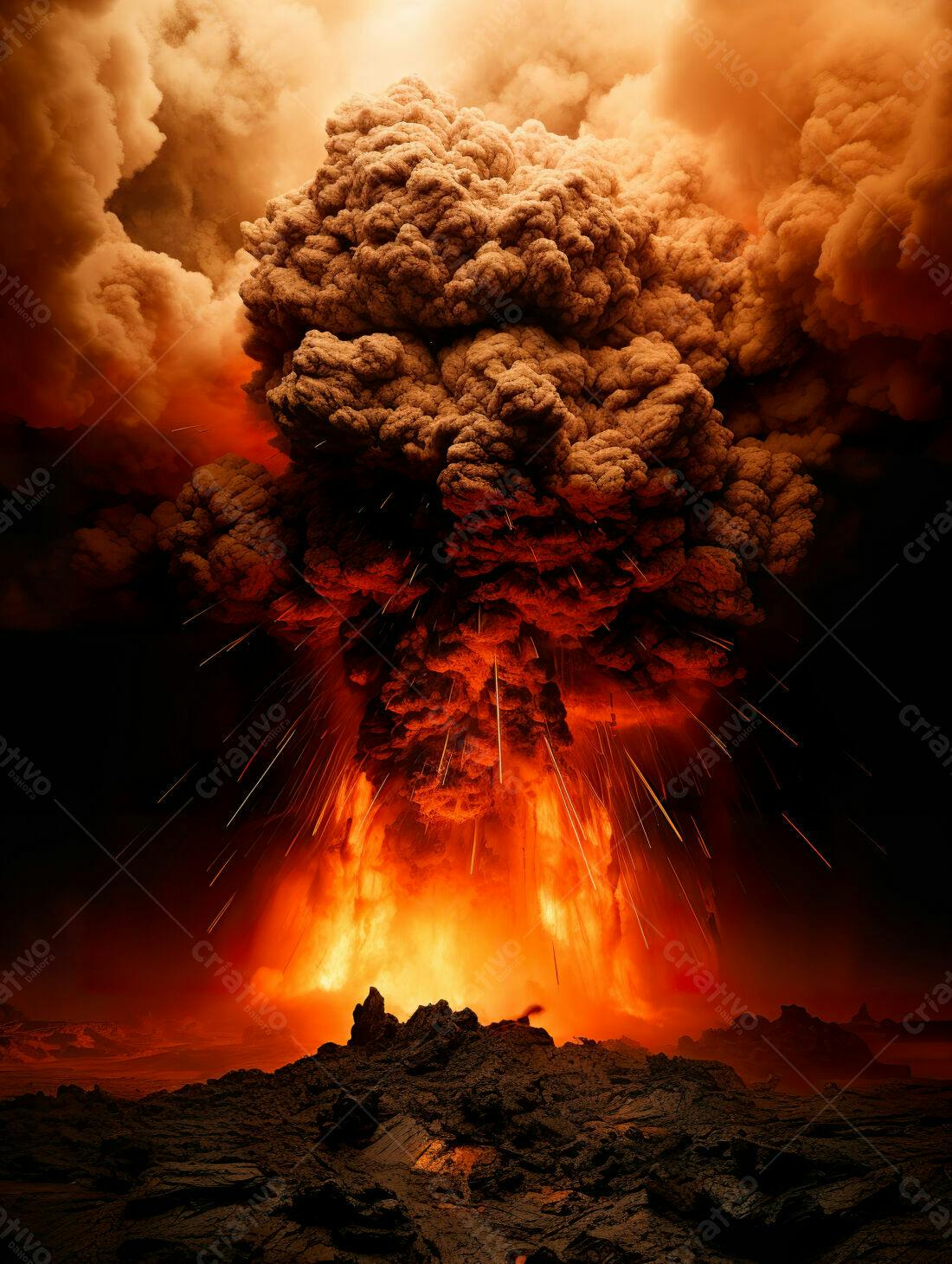 Erupção Vulcânica intensa com nuvens de fumaça marrom e laranja