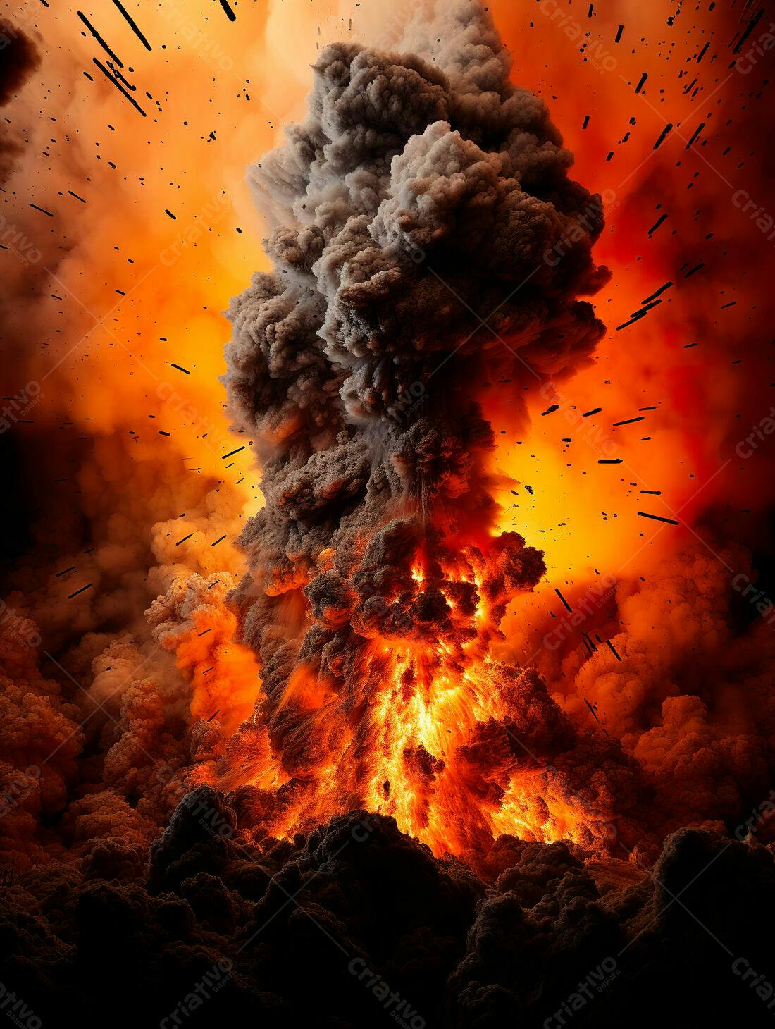 Erupção vulcânica intensa com fumaça e lava