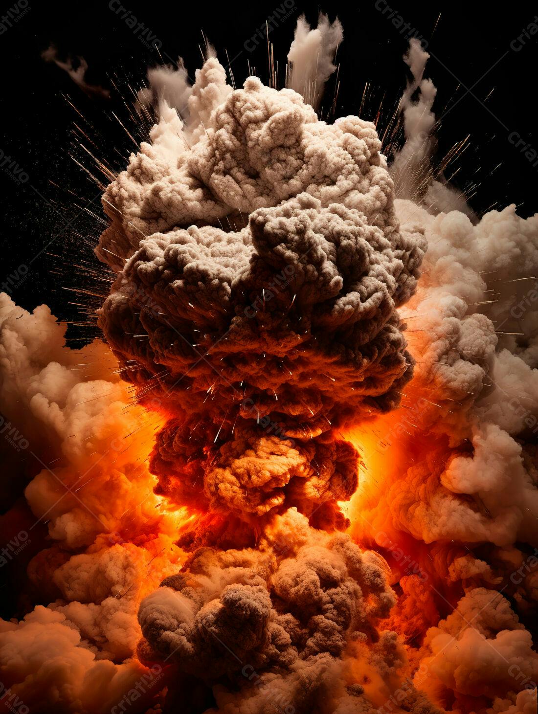 Explosão gigante com fumaça laranja e branca