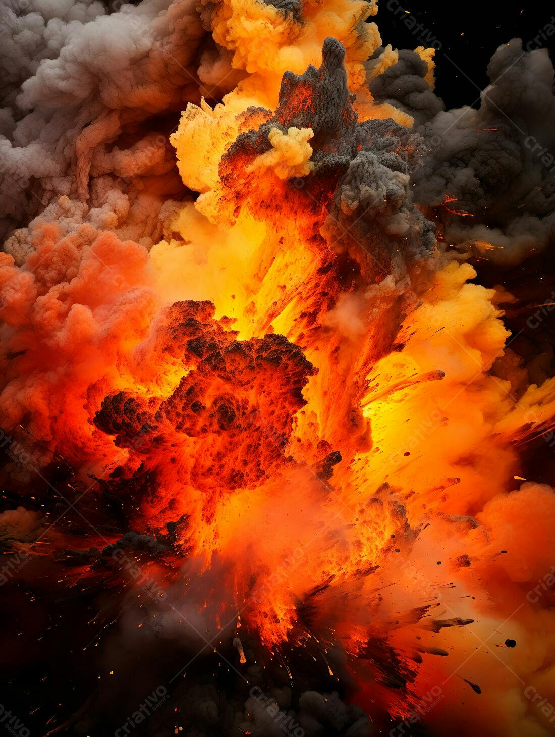 Erupção vulcânica intensa com lava e fumaça