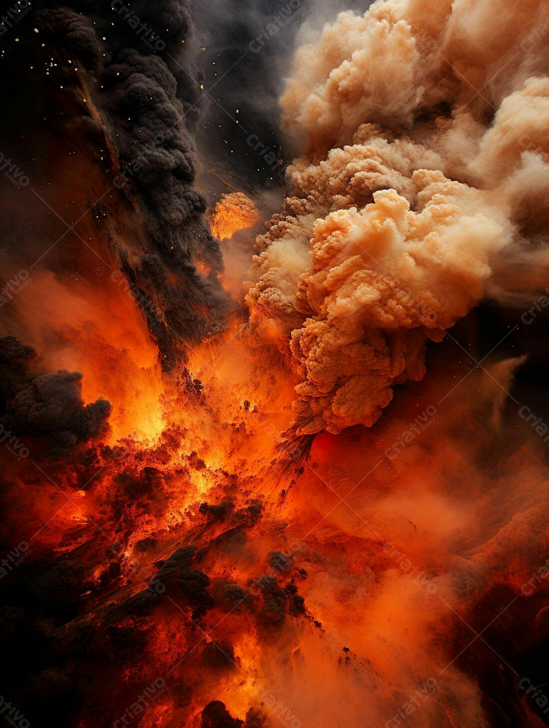 Erupção Vulcânica intensa tons de laranja e preto