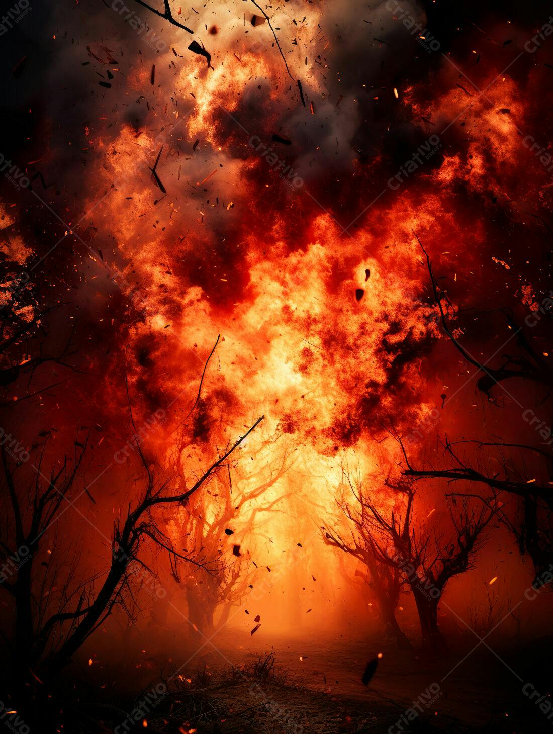 Incêndio infernal em floresta escura