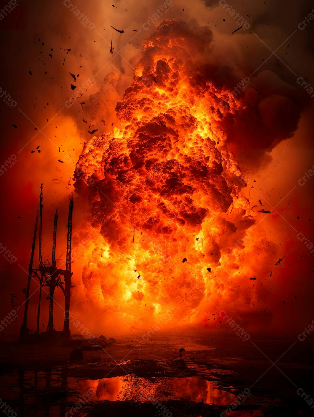 Explosão de fogo laranja e destruição