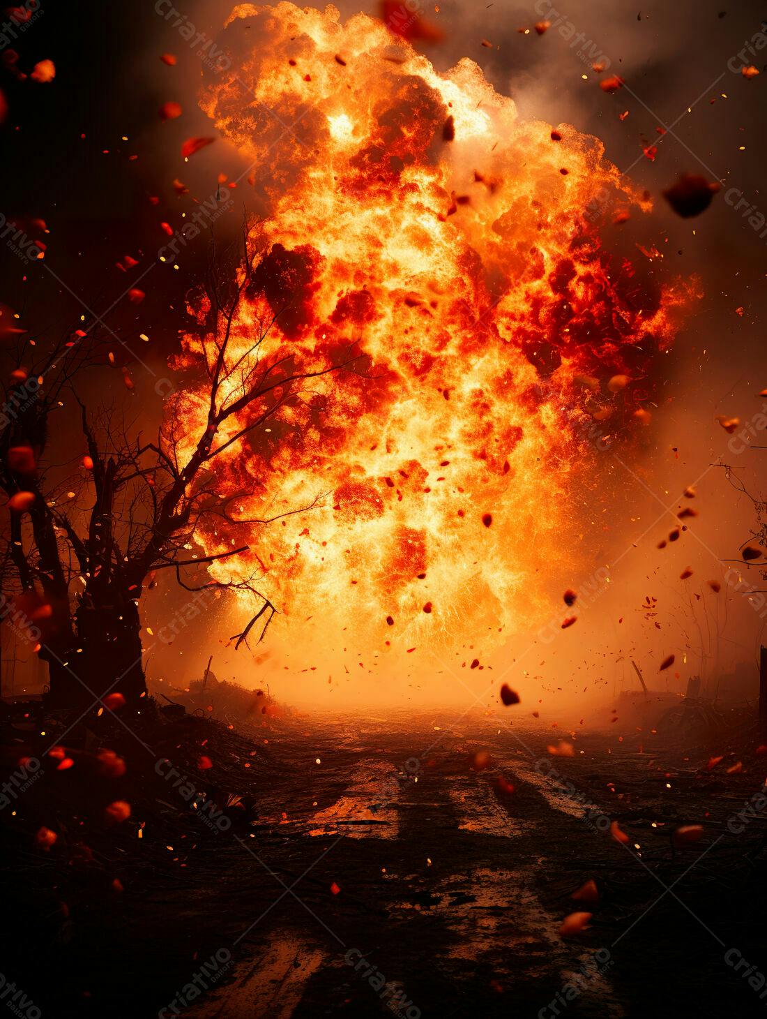 Incêndio colossal árvore estrada escura