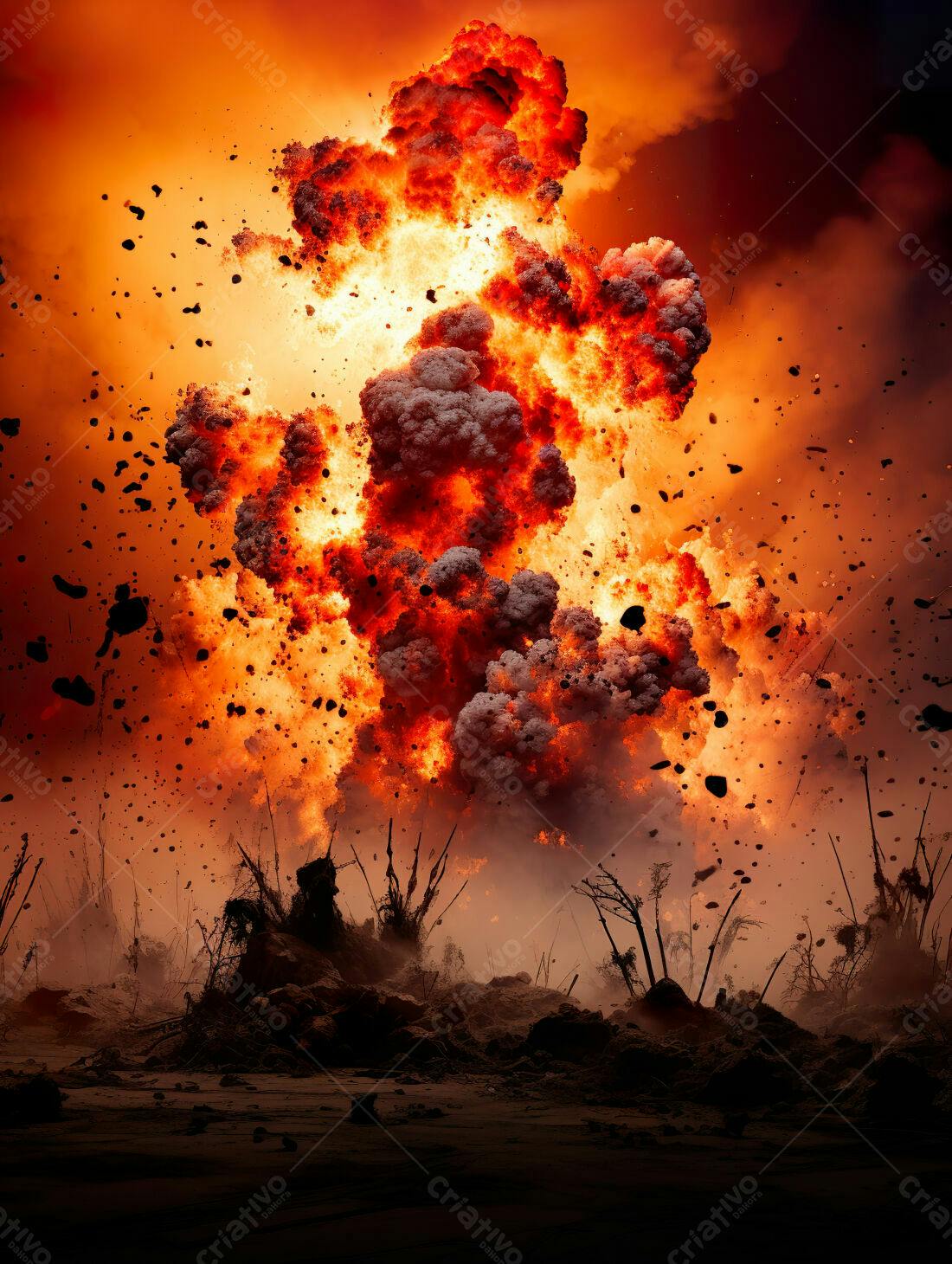 Explosão gigante em cenário desolado