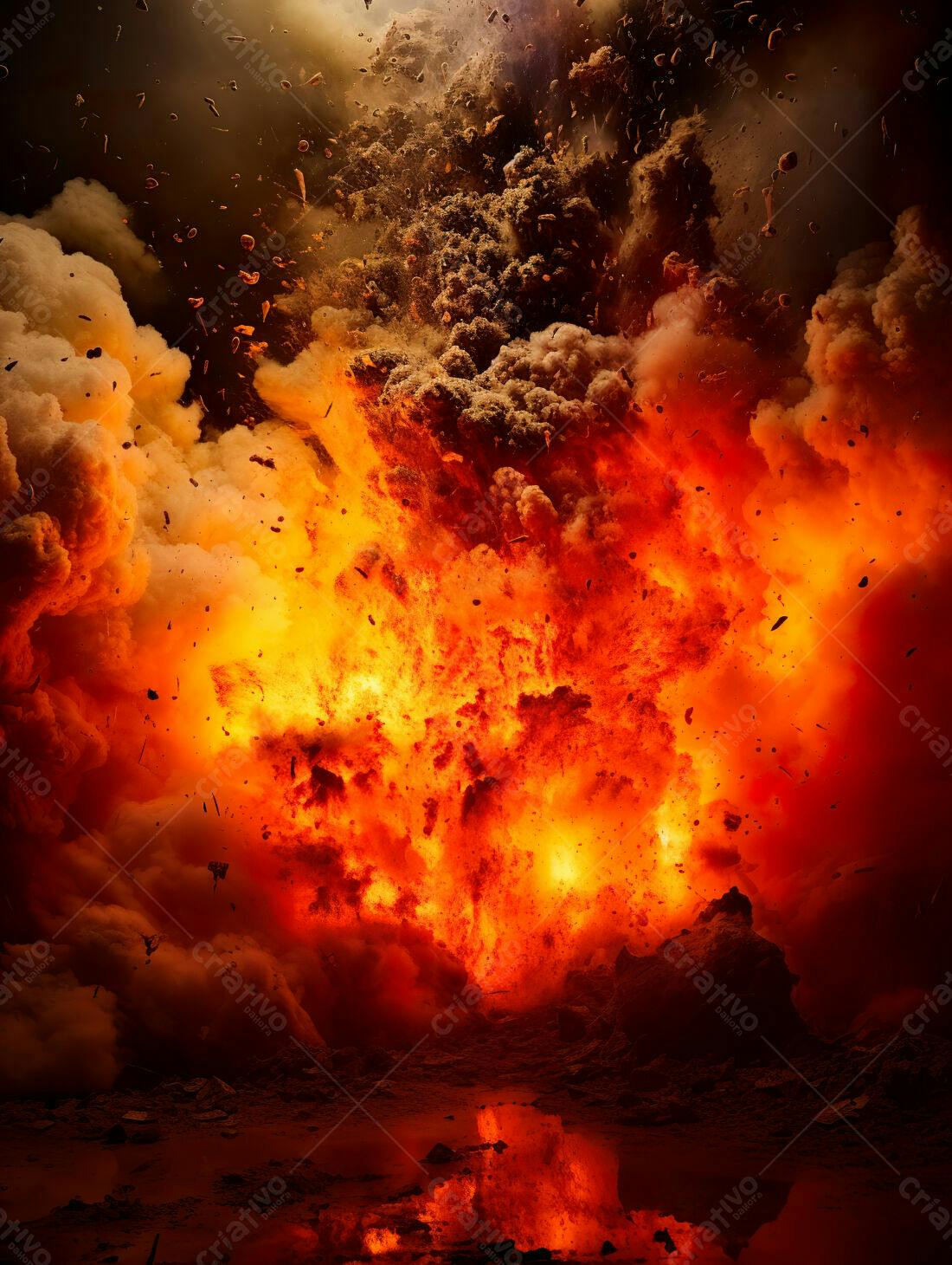 Explosão de fogo intenso e fumaça escura
