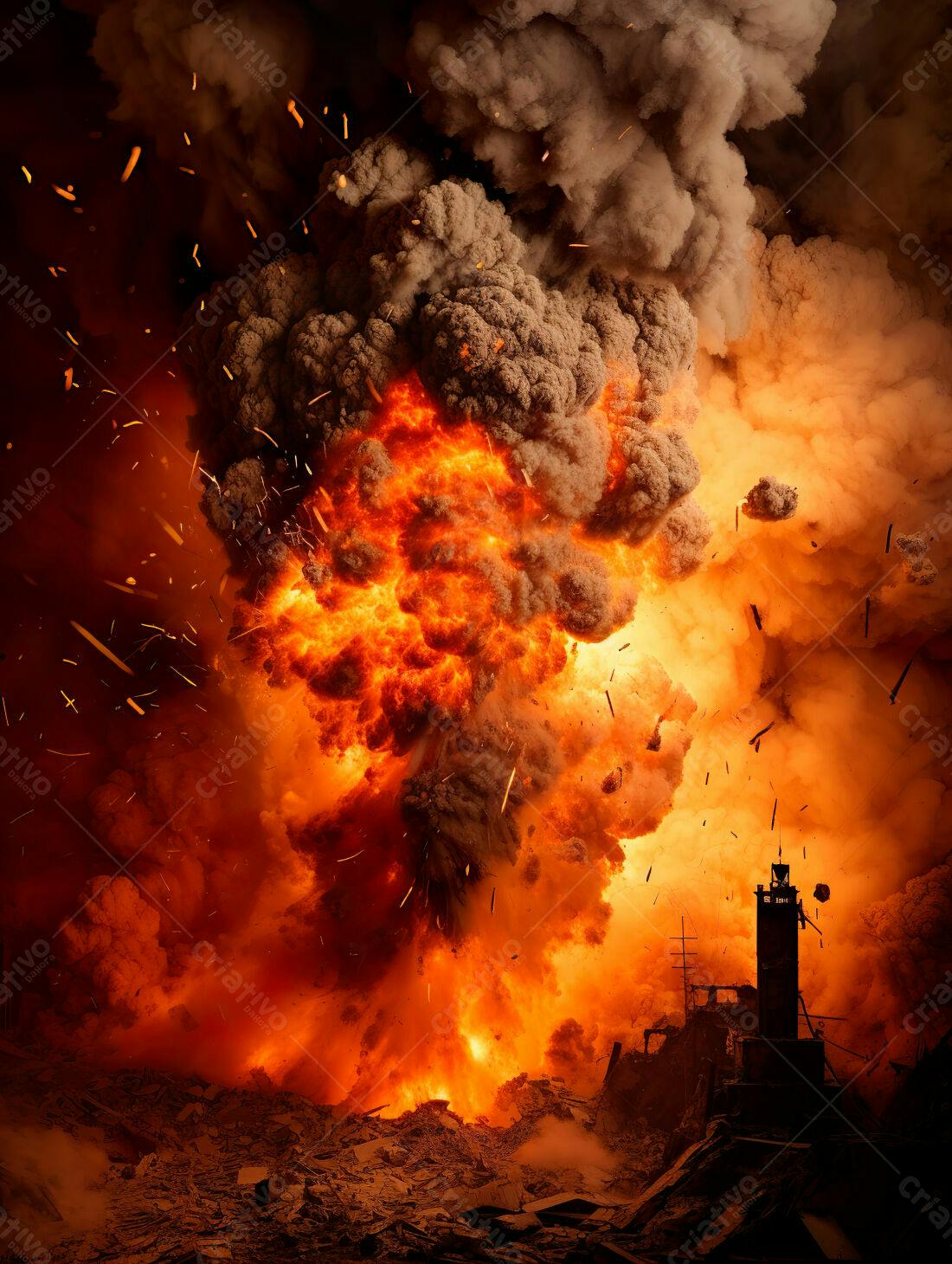 Explosão gigante em cenário de destruição