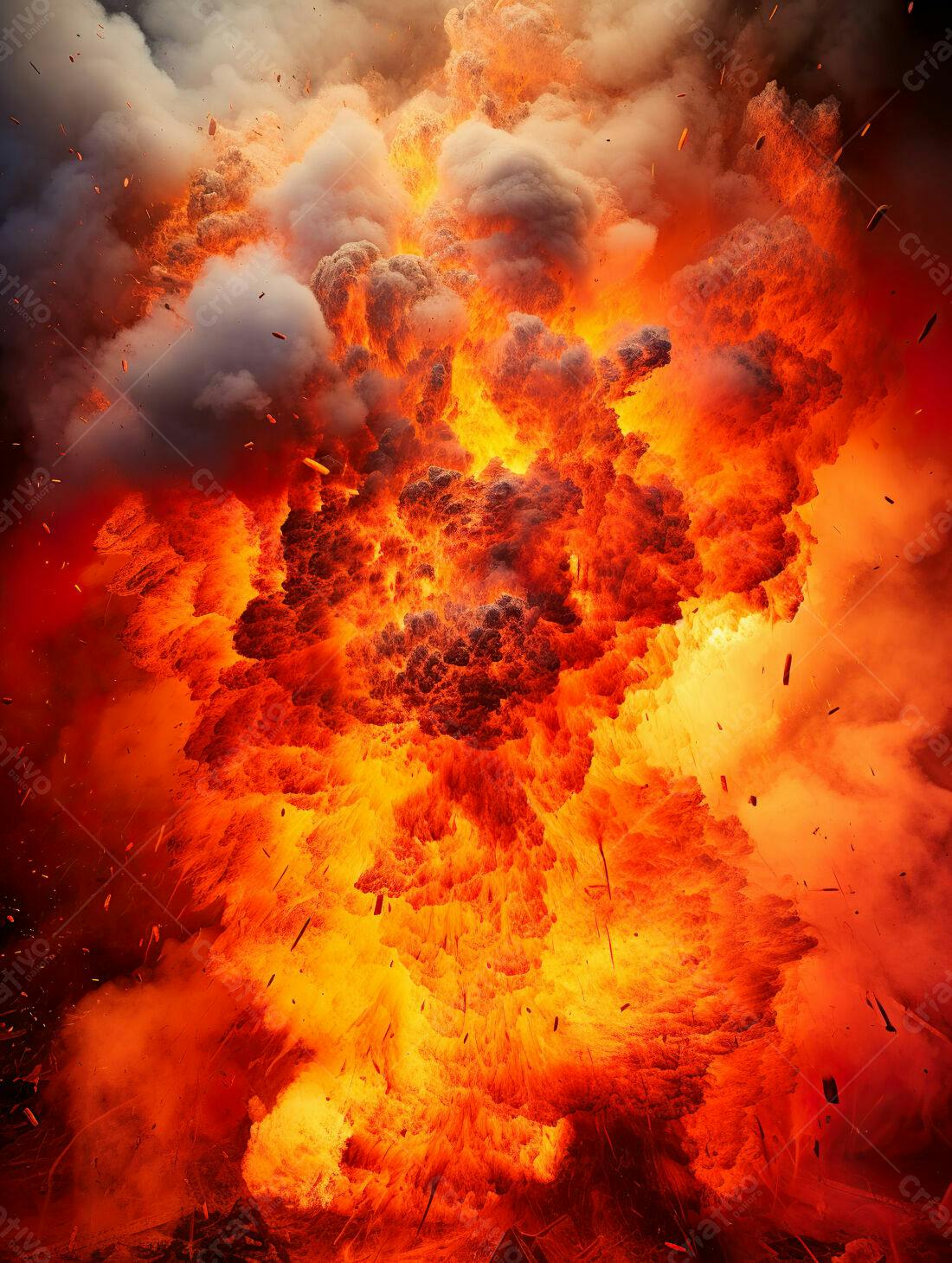 Explosão de fogo e fumaça intensa
