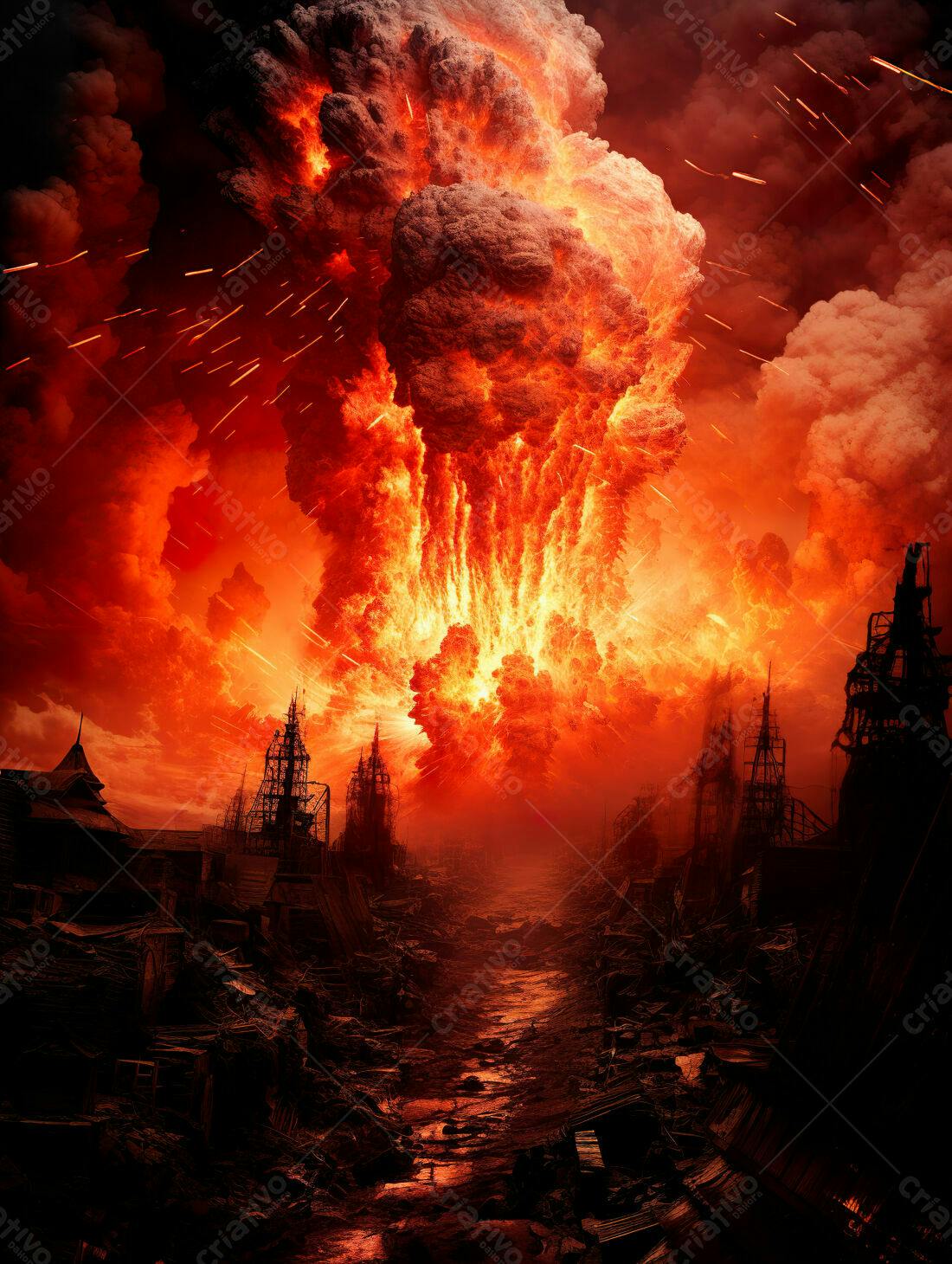Explosão apocalíptica cidade destruída