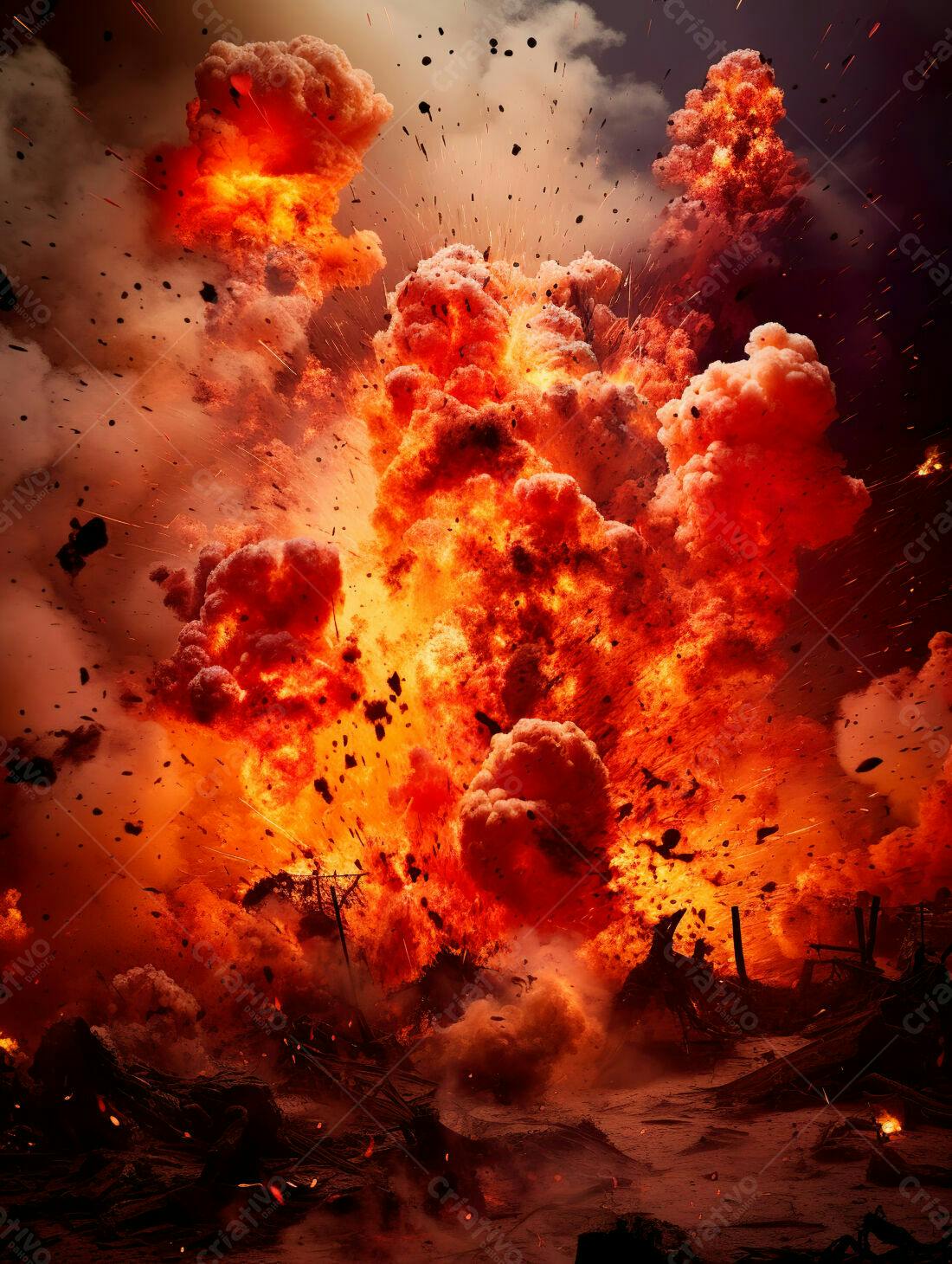 Explosão intensa em cenário de destruição