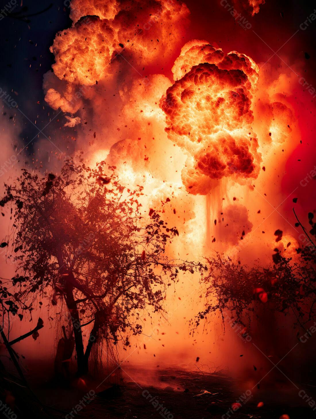 Explosão de fogo em floresta escura