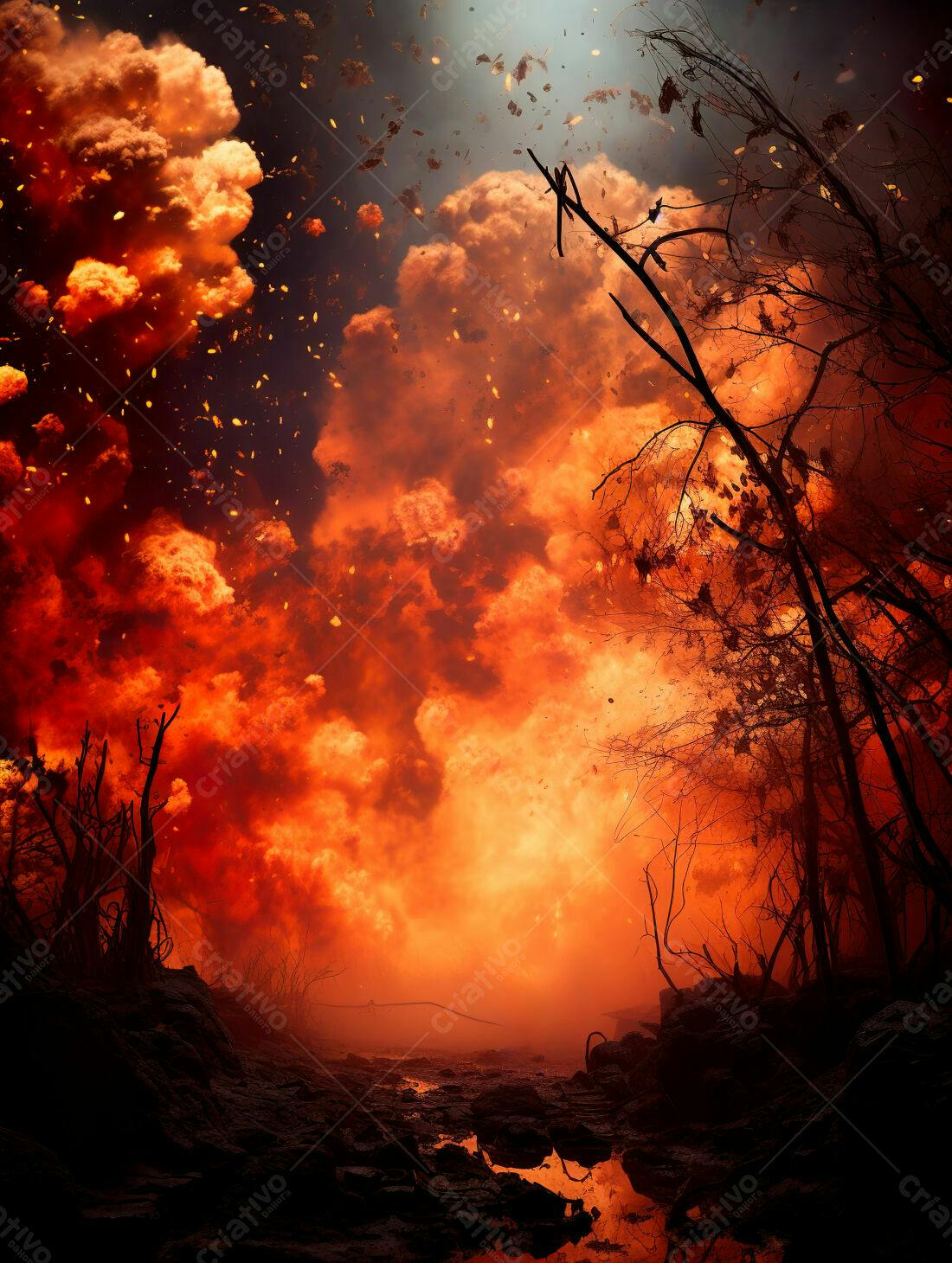 Incêndio florestal devastador com céu laranja
