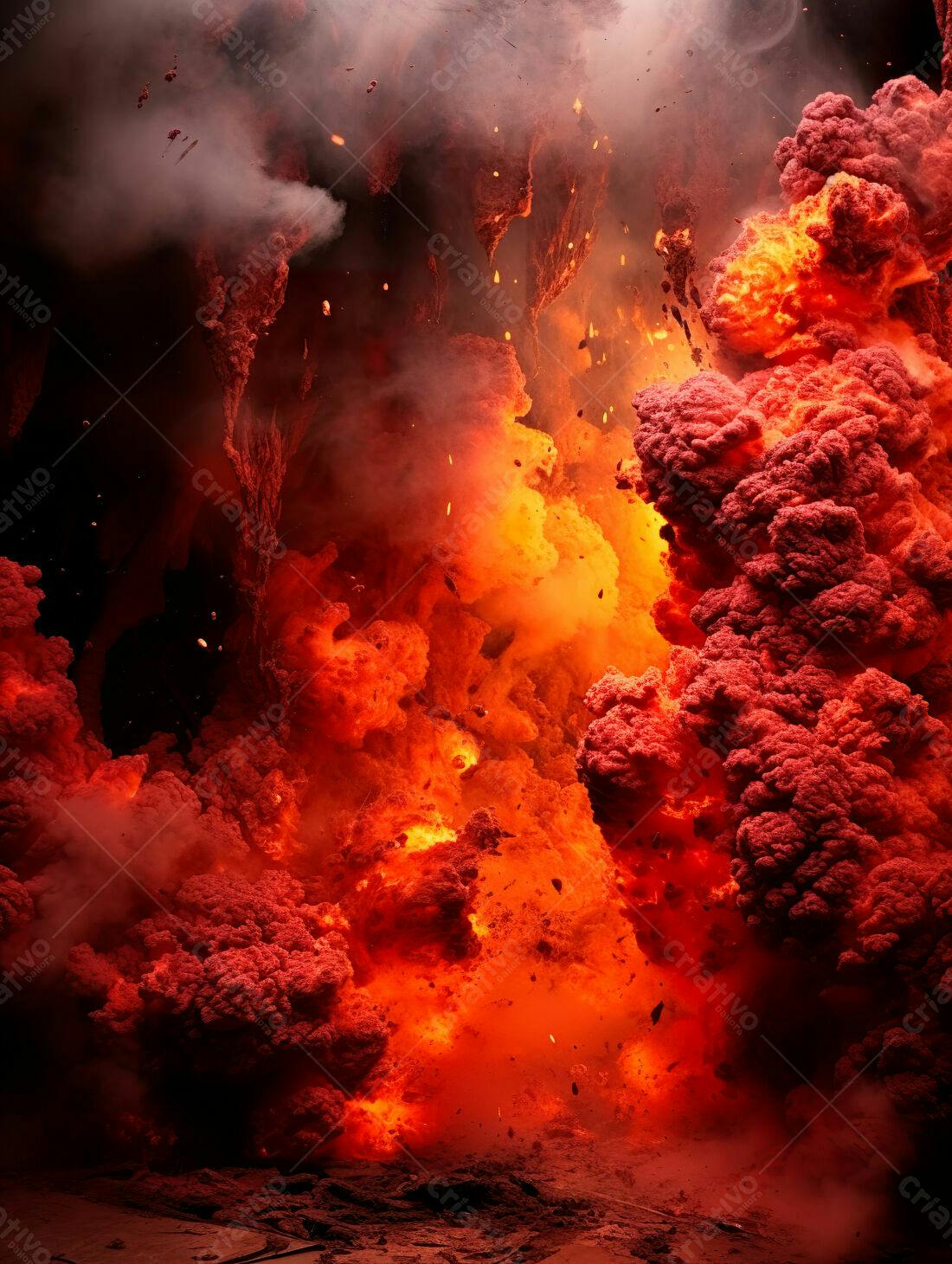 Explosão vulcânica intensa tons vermelhos e laranja
