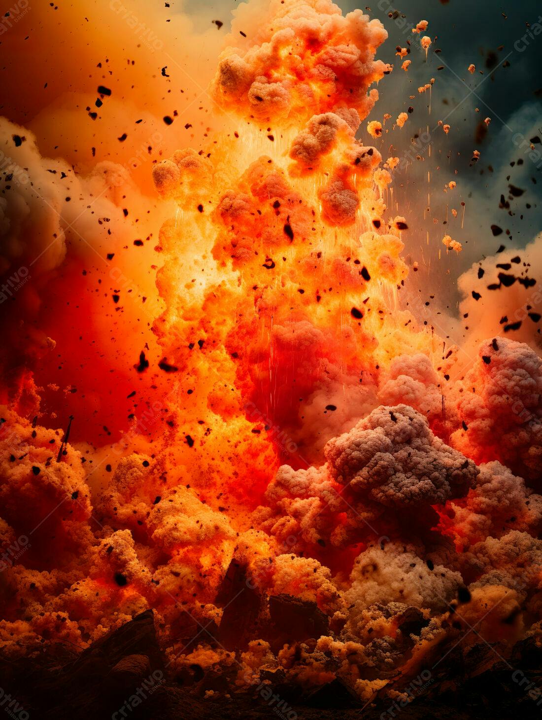 Erupção vulcânica intensa com lava e rochas