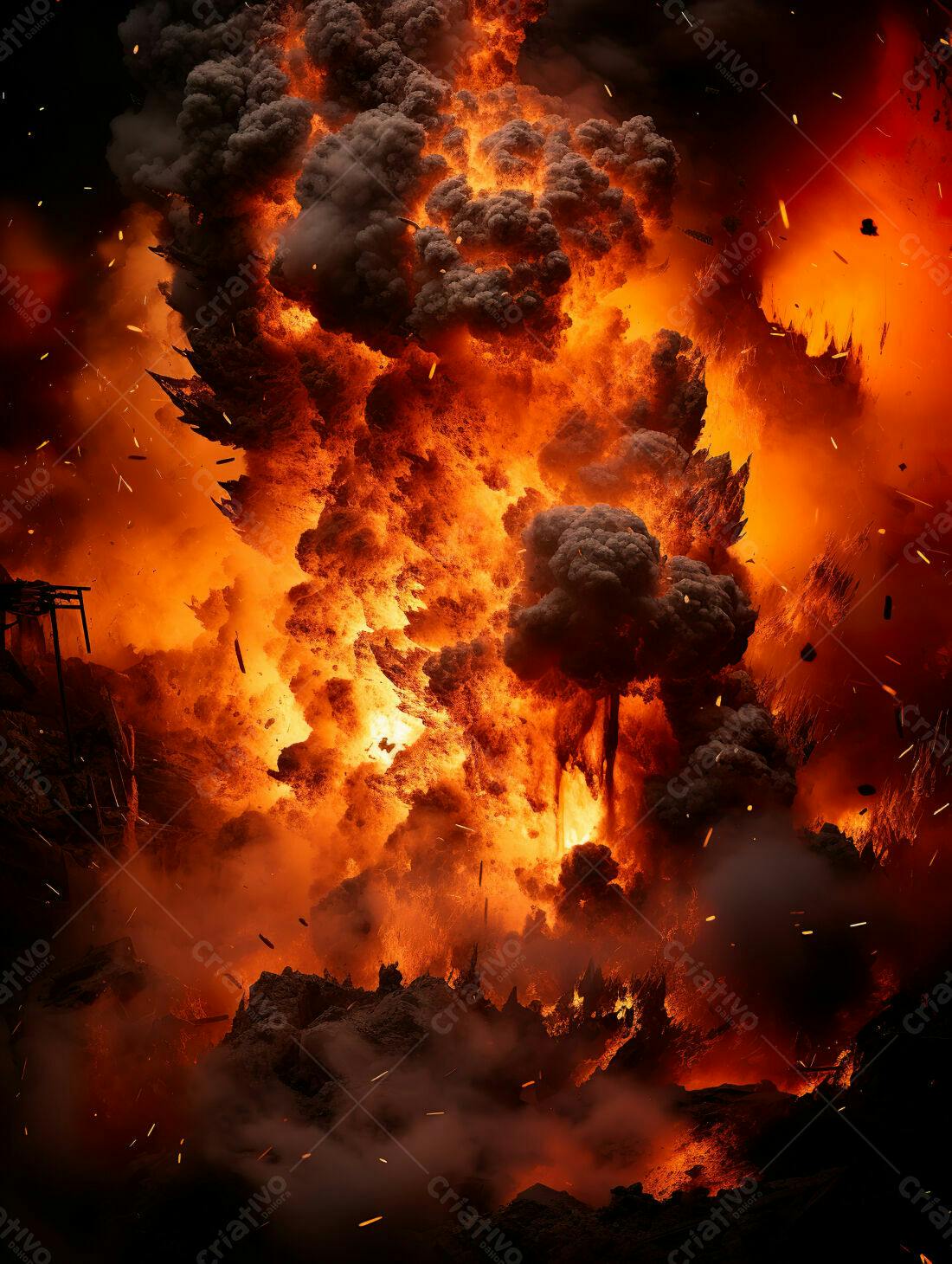 Explosão de fogo intenso e destruição