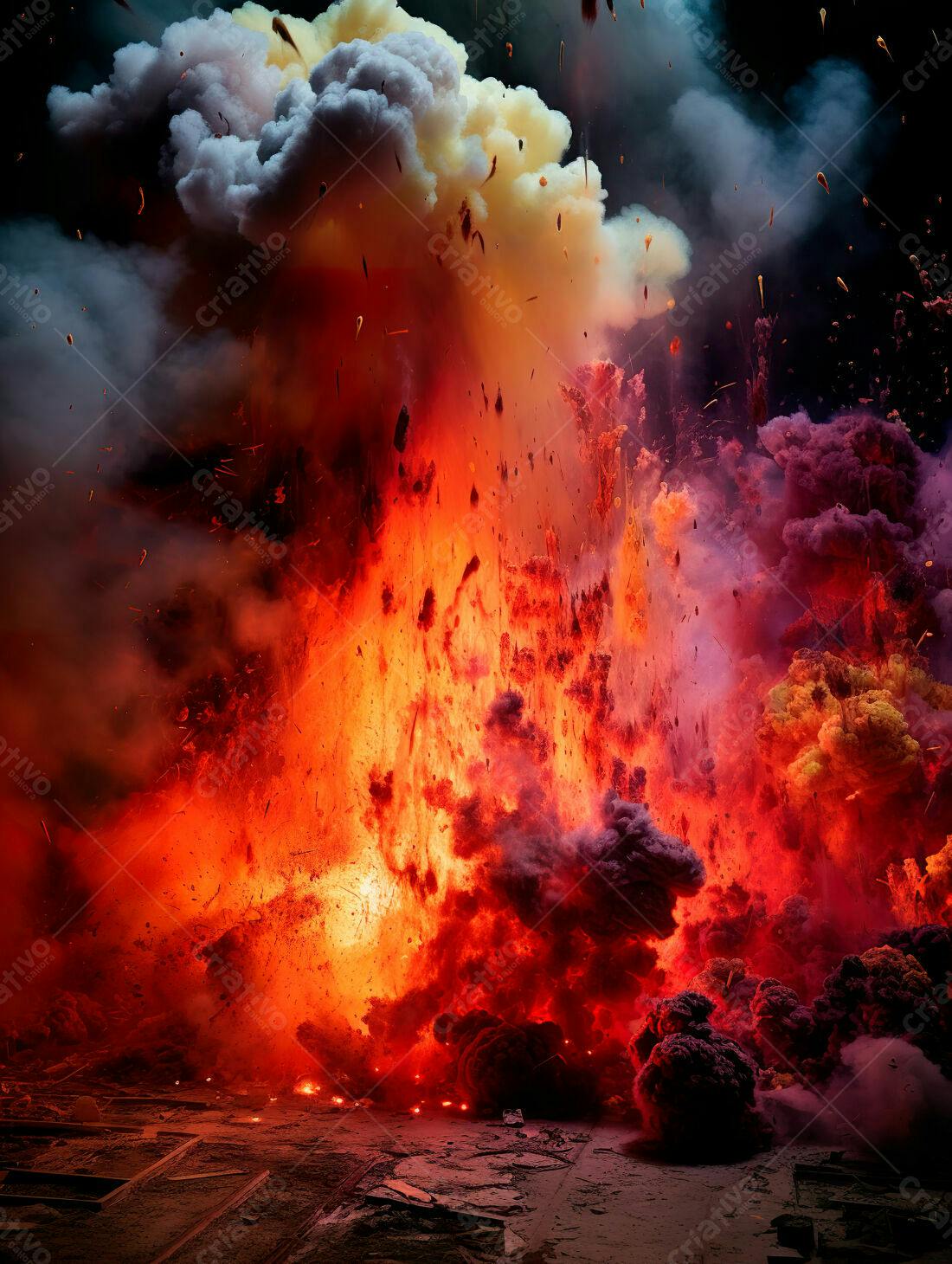 Explosão colorida com fumaça vermelha e amarela