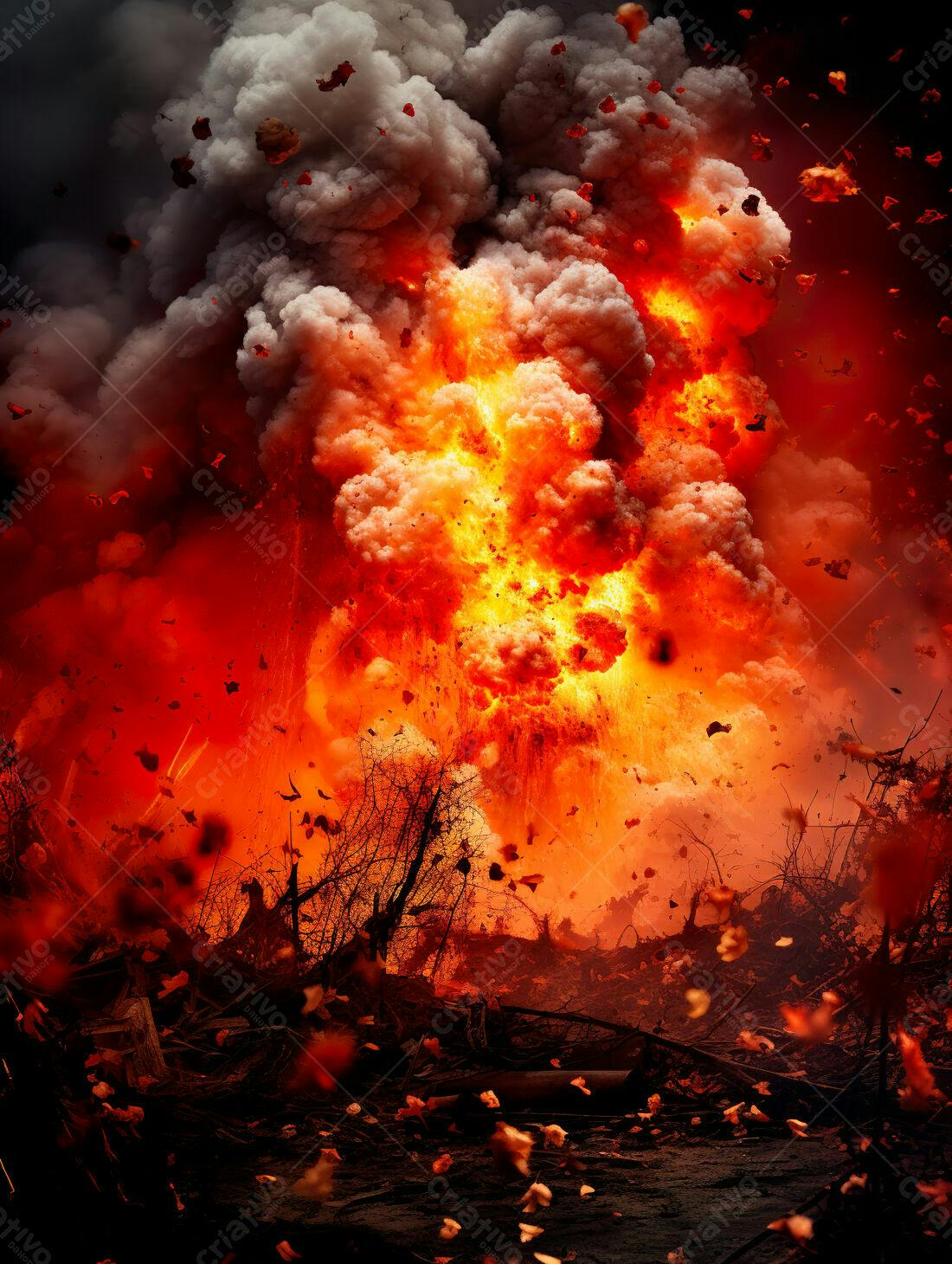 Explosão apocalíptica em cenário desolado
