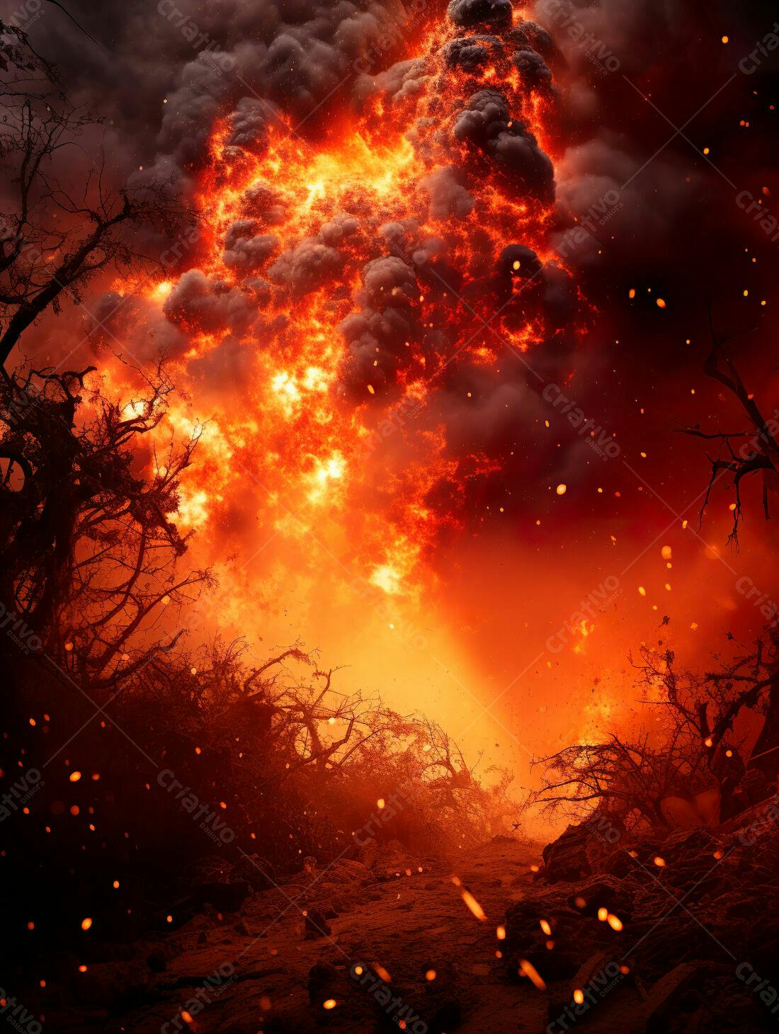 Incêndio apocalíptico em floresta escura