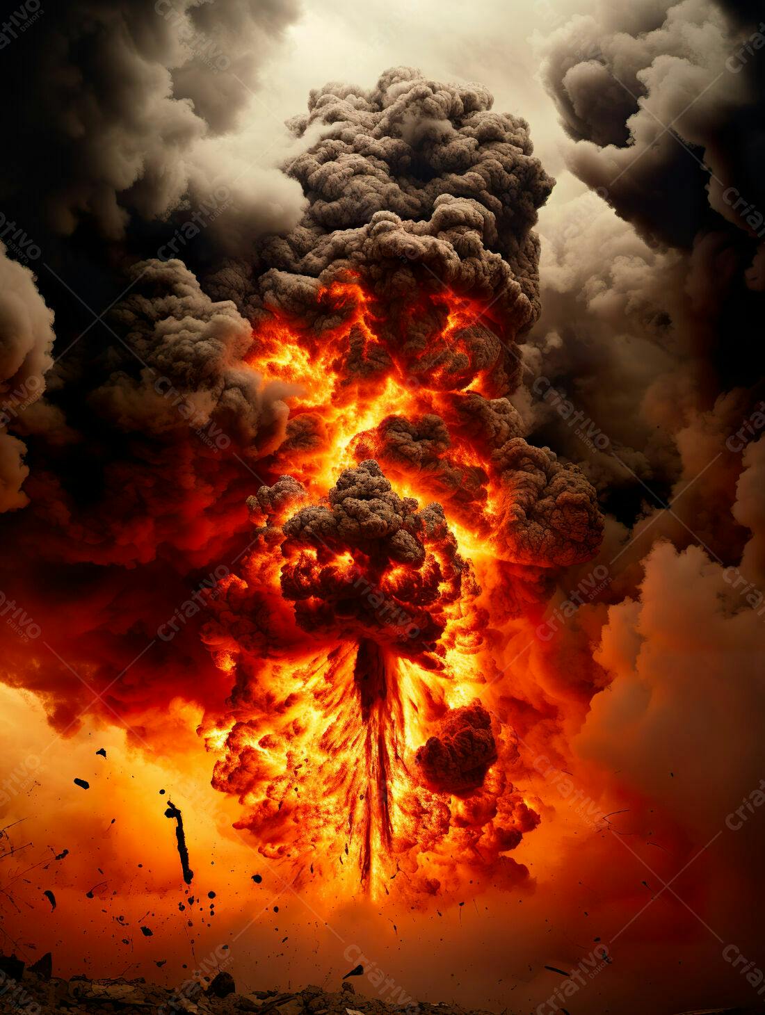 Explosão gigante com fumaça e fogo