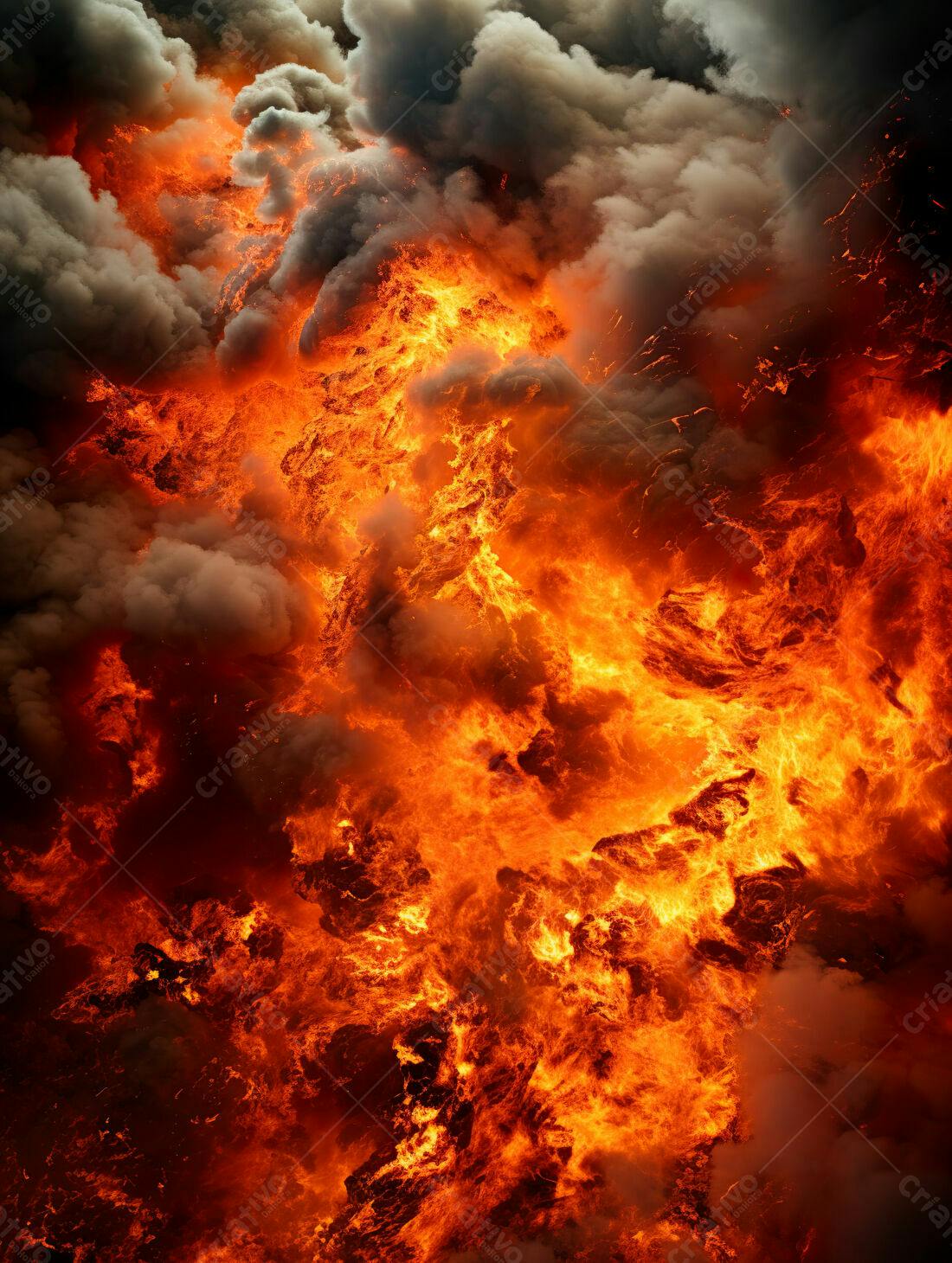 Chamas intensas e fumaça escura em incêndio