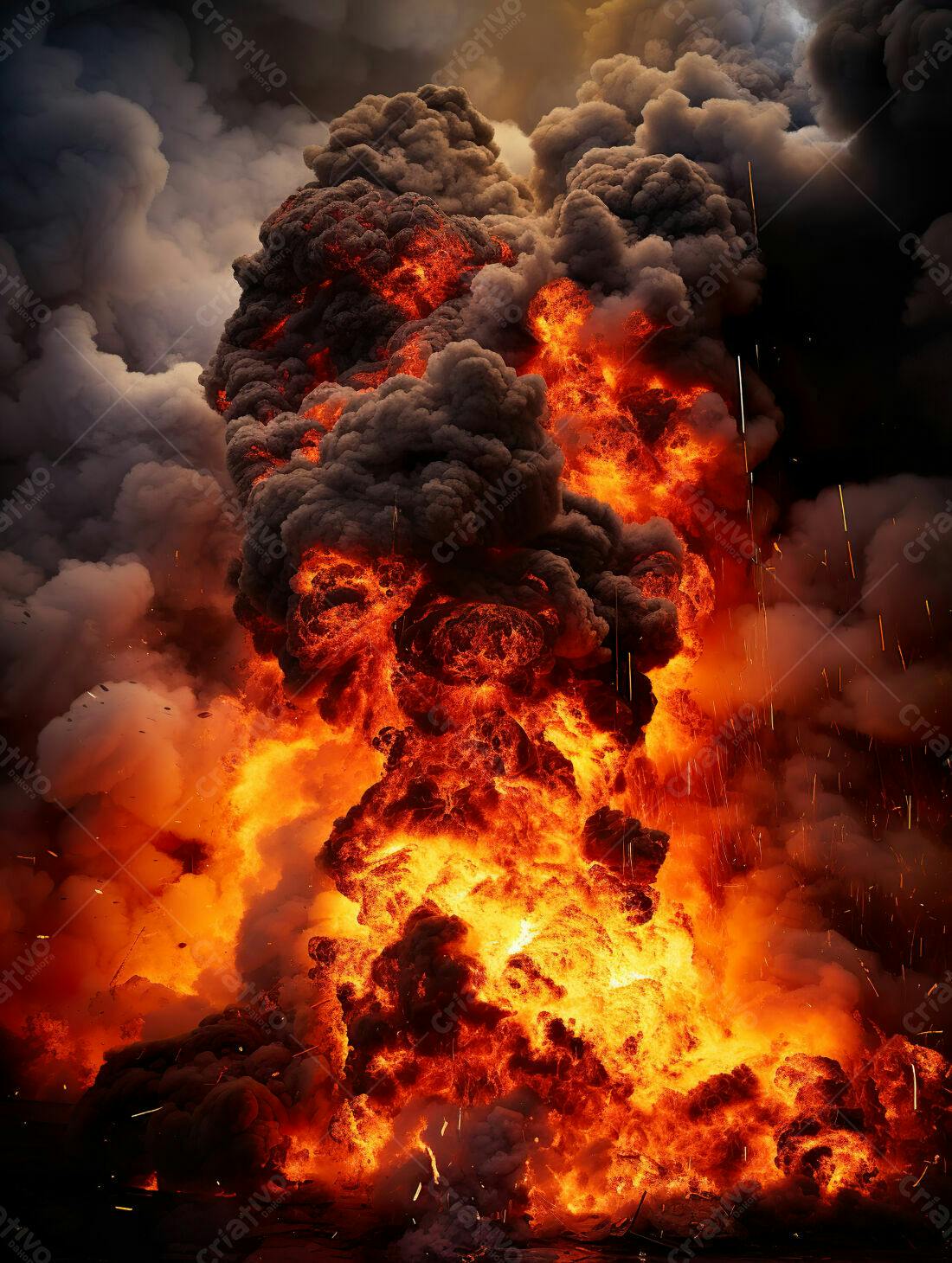 Explosão de fogo e fumaça intensa
