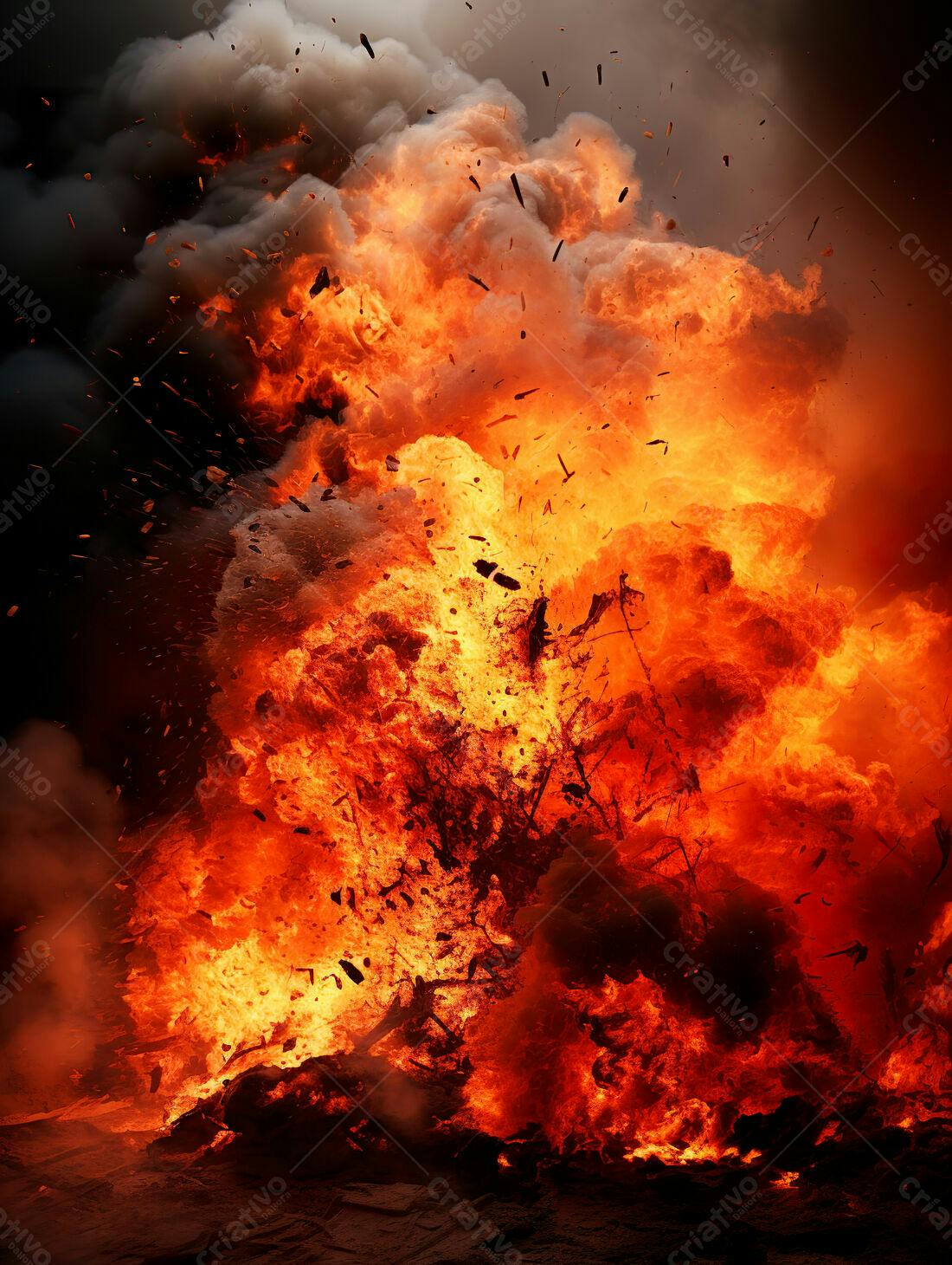Chamas intensas e fumaça escura em explosão