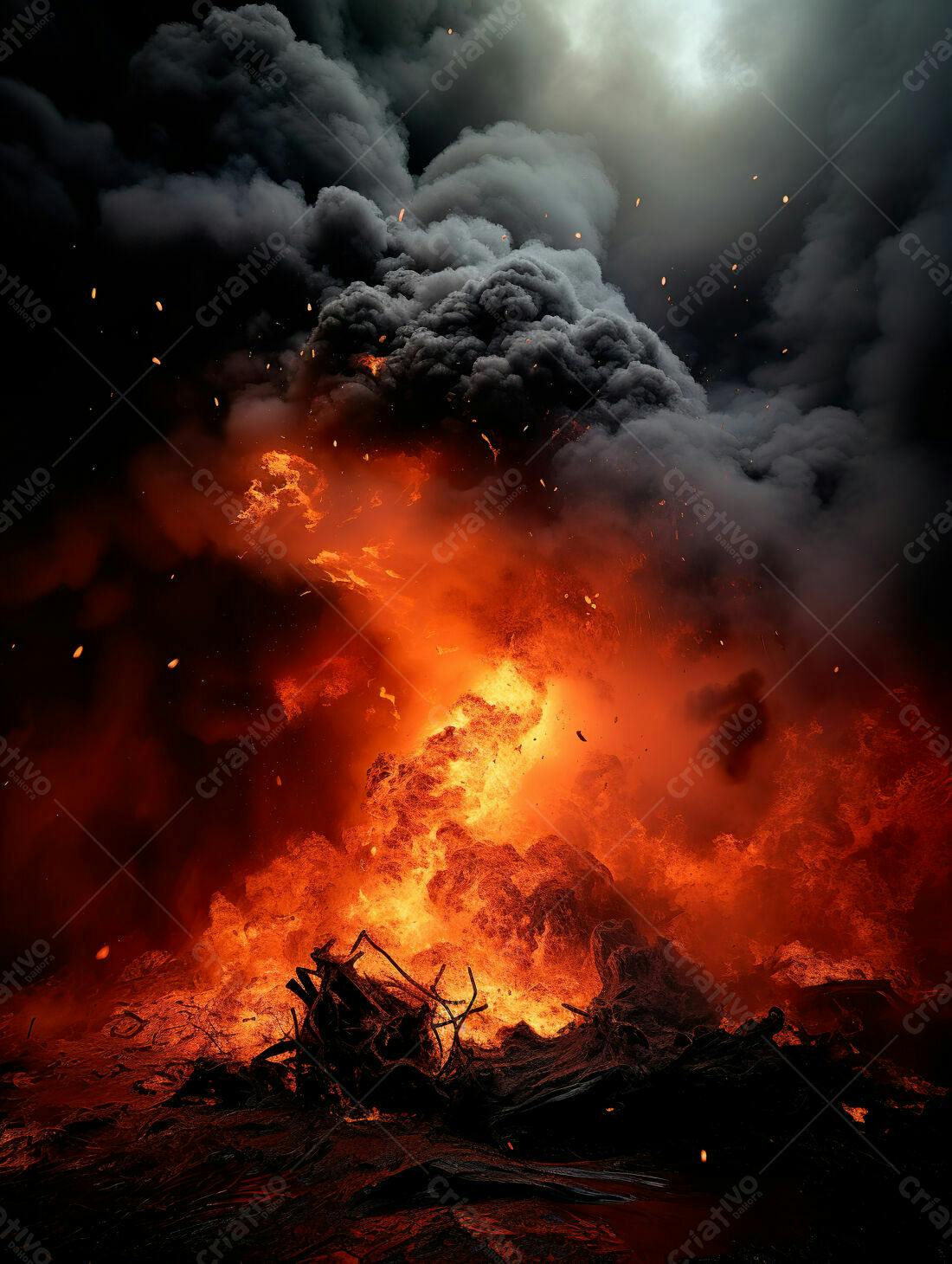 Incêndio intenso com fumaça escura e chamas alaranjadas