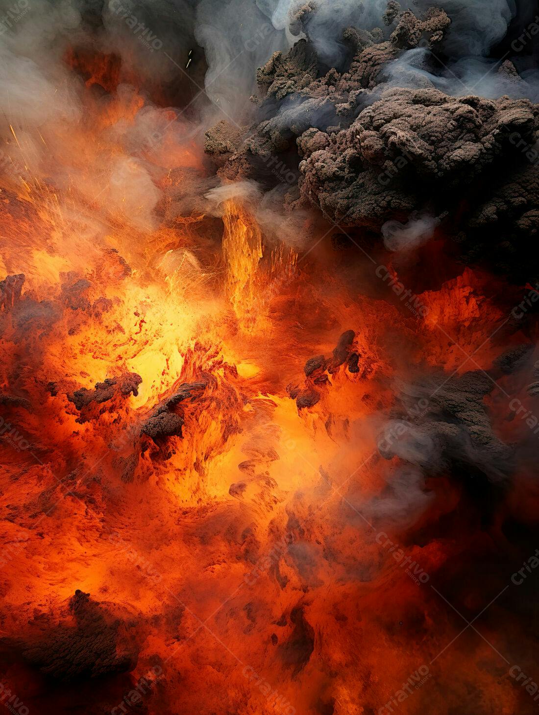 Erupção vulcânica intensa com lava e fumaça