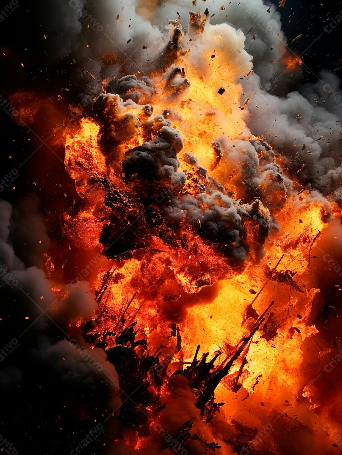 Explosão de fogo intenso e fumaça escura