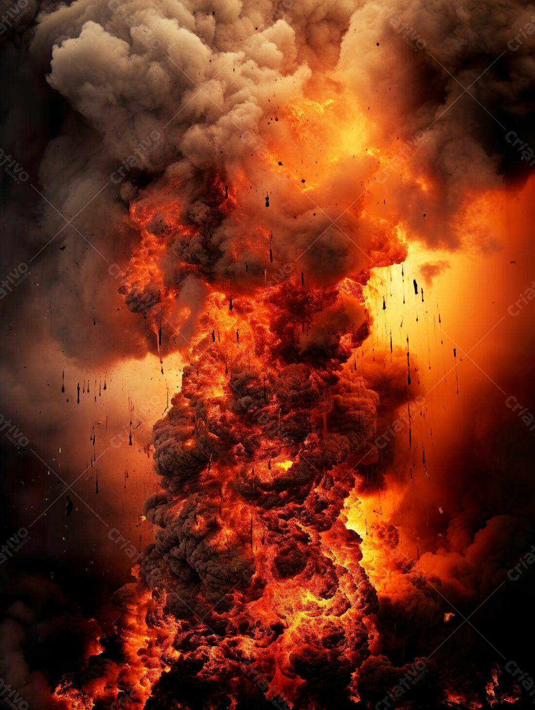 Explosão de fogo e fumaça intensa