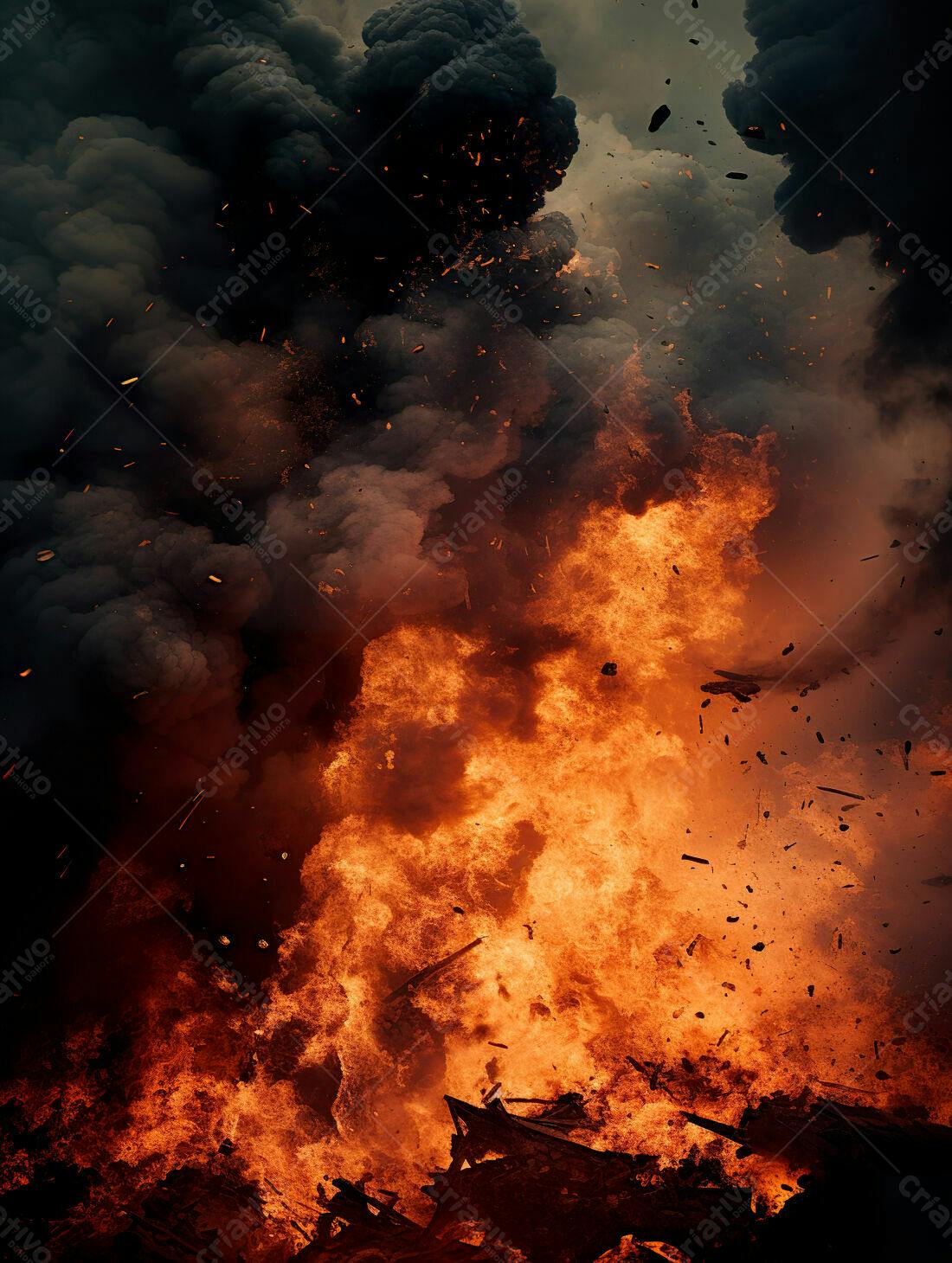 Incêndio intenso com fumaça escura e brasas