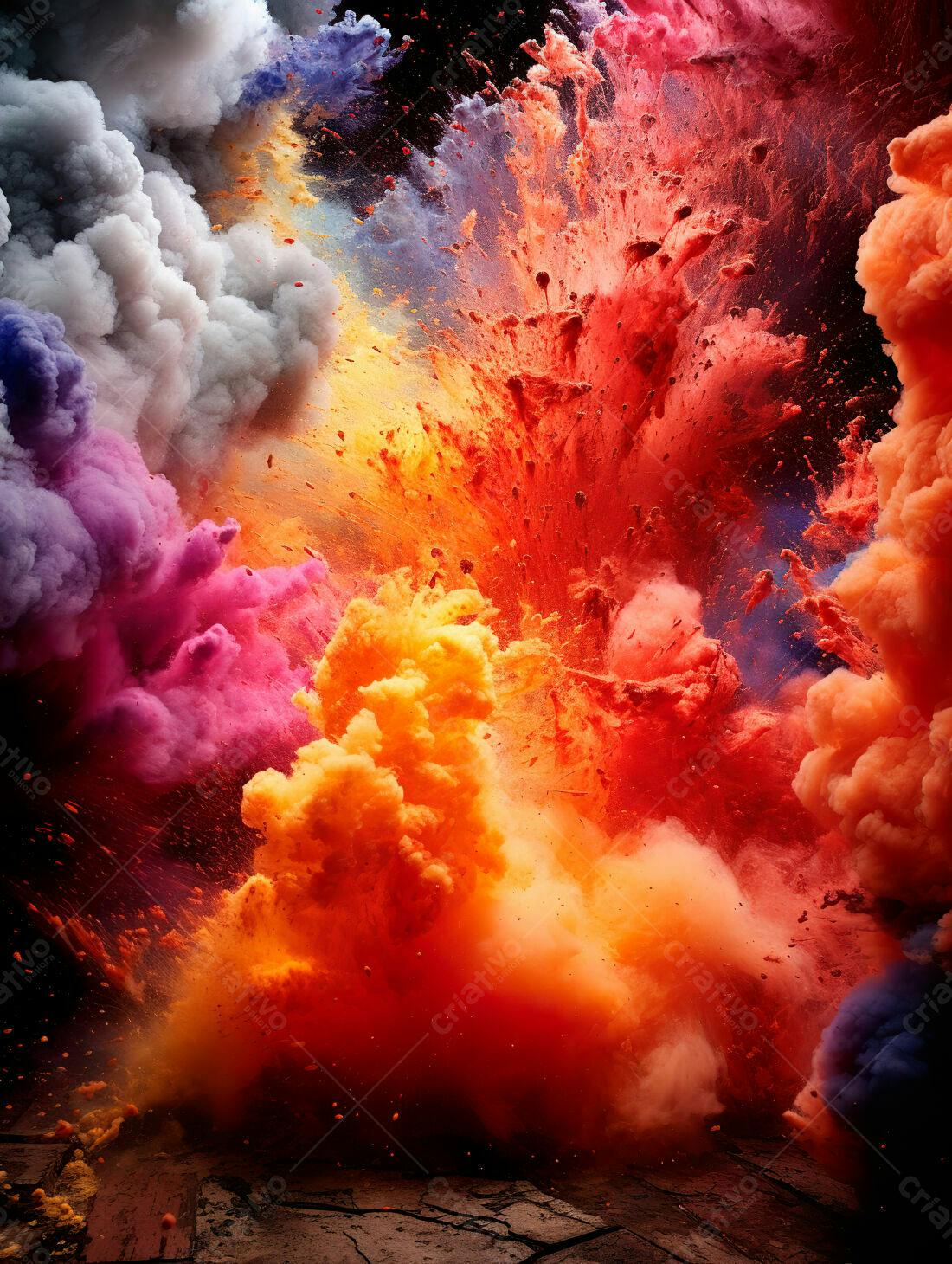 Explosão de cores vibrantes em tons de vermelho laranja e roxo
