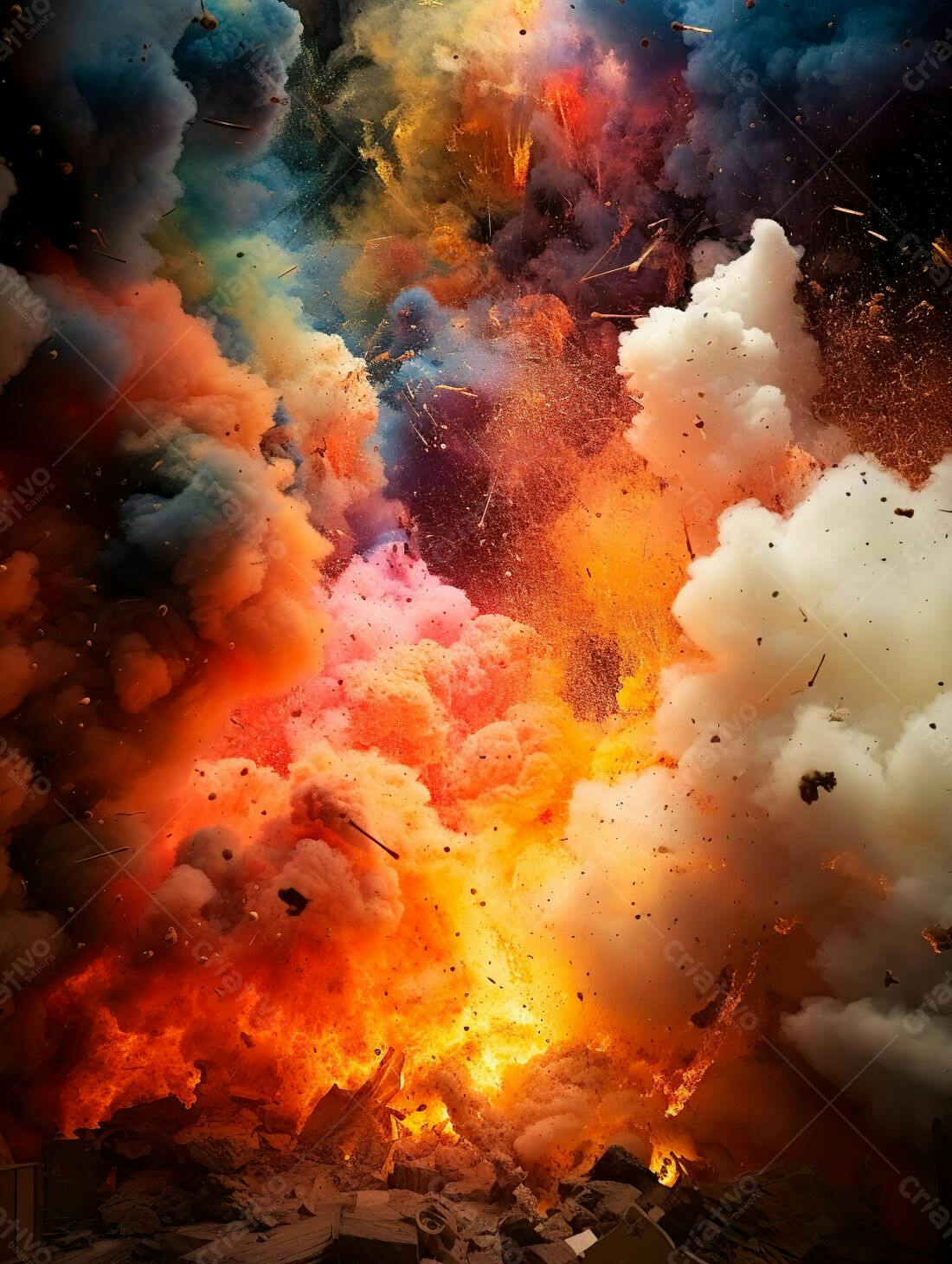 Explosão colorida de fogo e fumaça