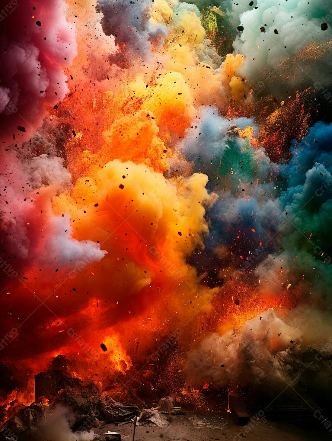Explosão colorida de pigmentos e fumaça