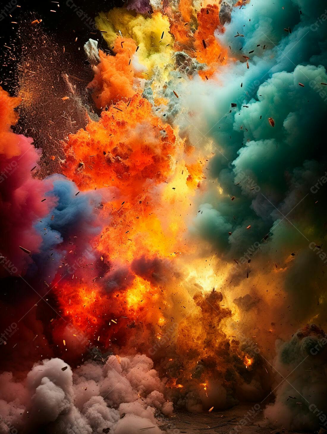 Explosão colorida de fogo e fumaça