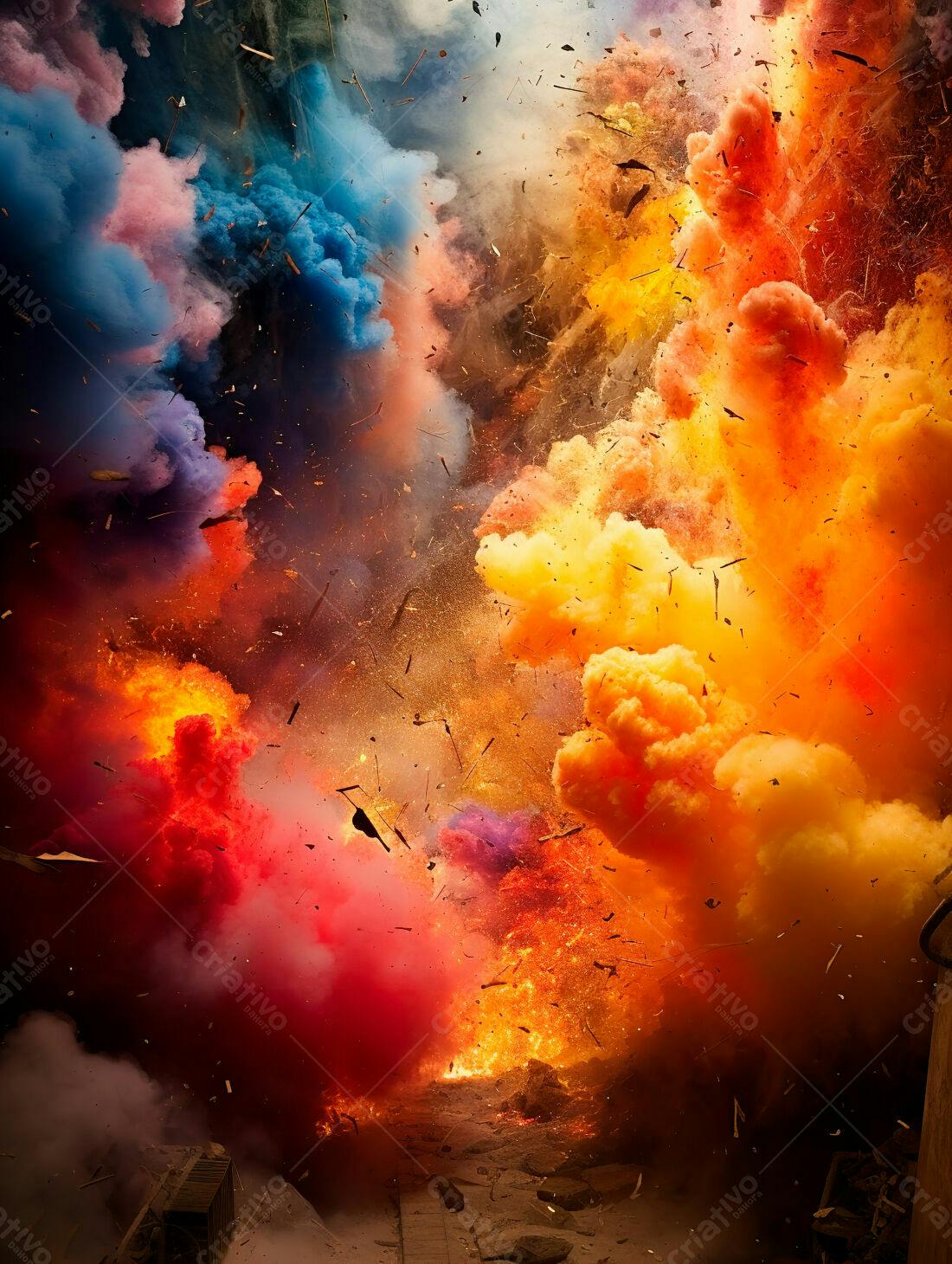 Explosão de cores vibrantes e fogo