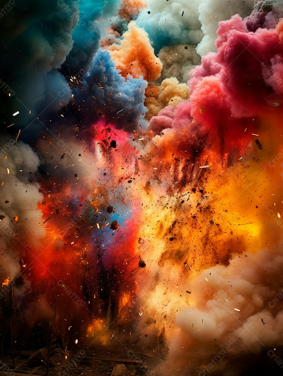 Explosão colorida com fumaça e fogo