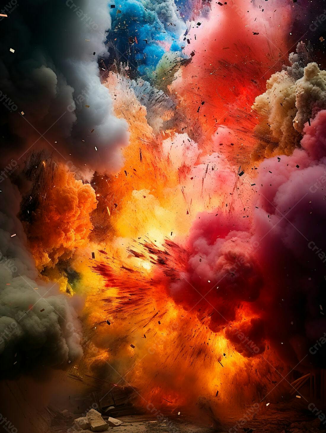 Explosão colorida de tinta e fogo