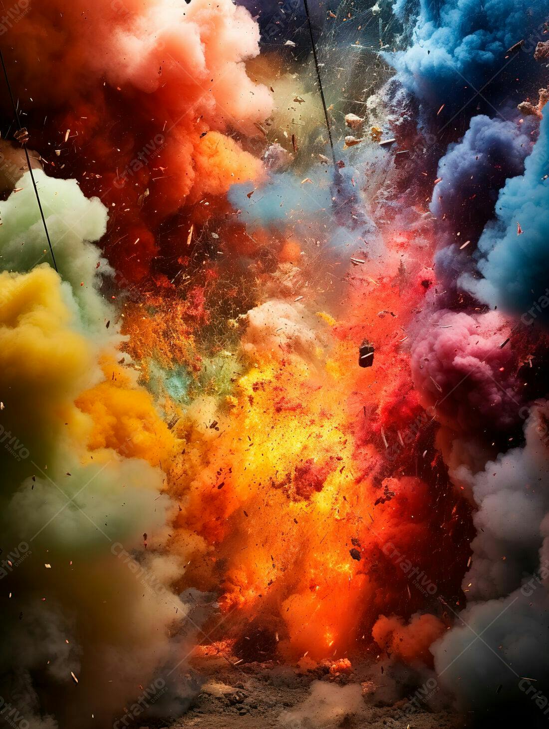 Explosão de cores vibrantes em nuvens de fumaça