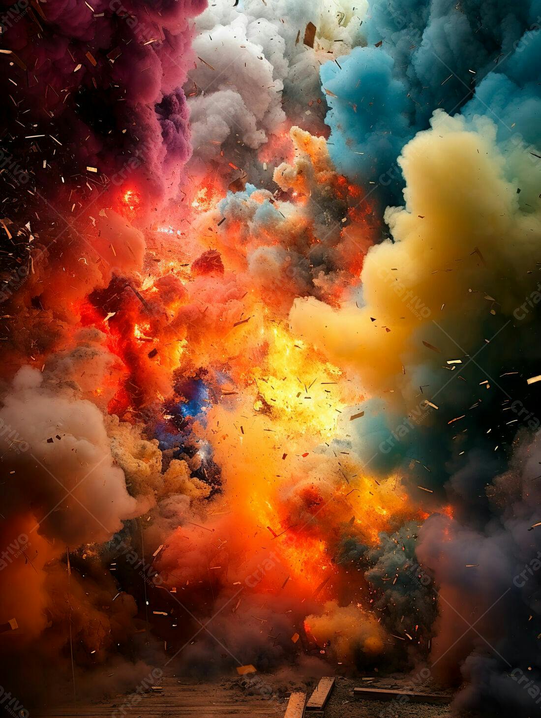 Explosão colorida com fumaça e madeira
