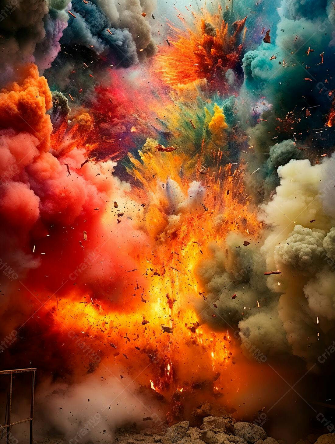 Explosão colorida de fogo e fumaça