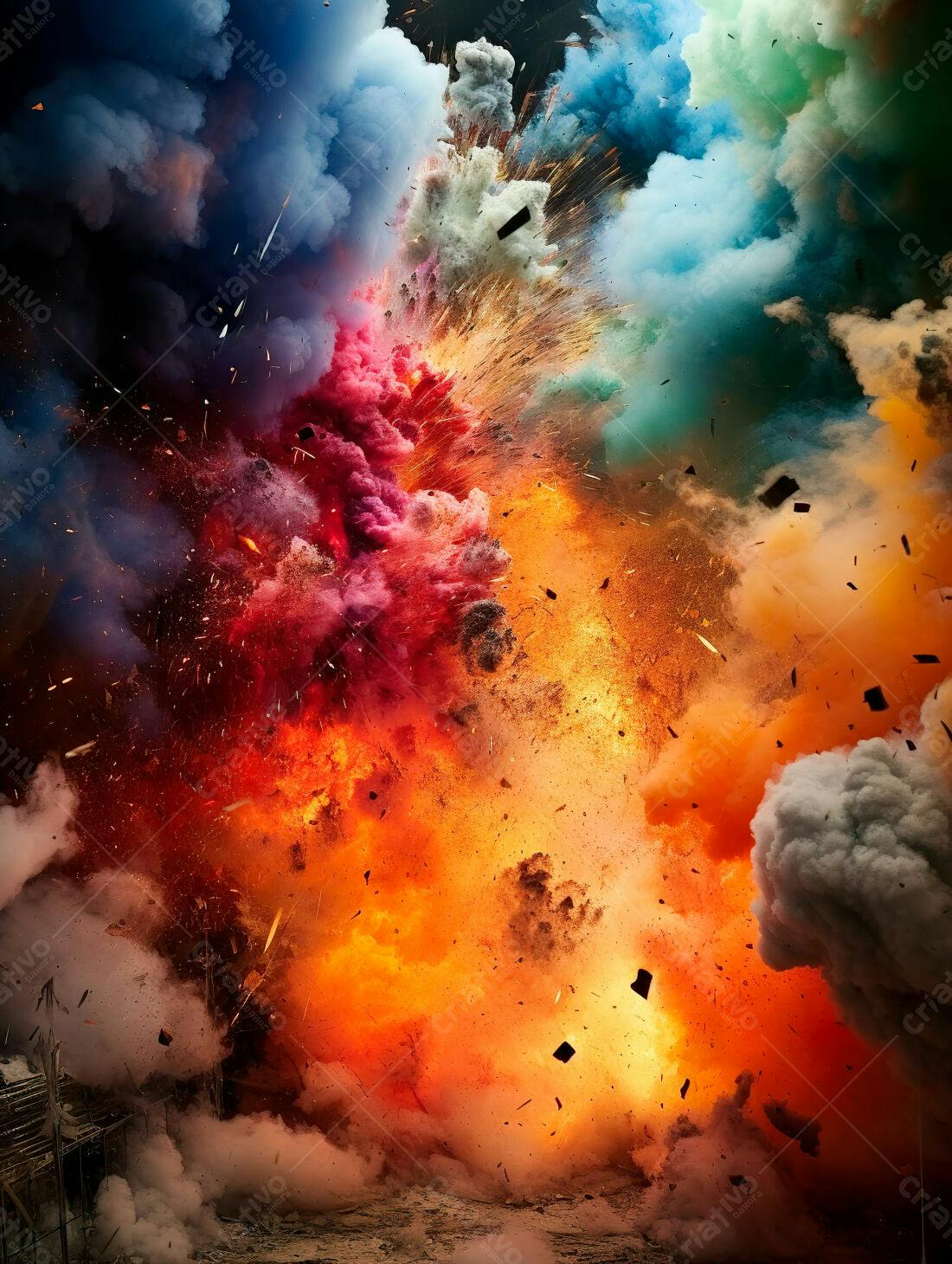 Explosão colorida de fogo e fumaça