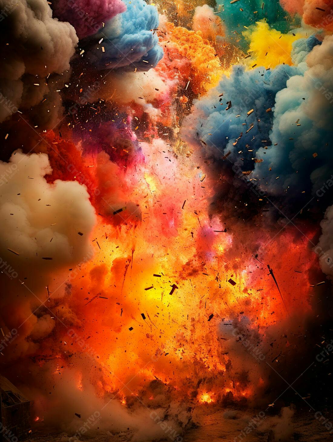 Explosão colorida com fumaça e detritos