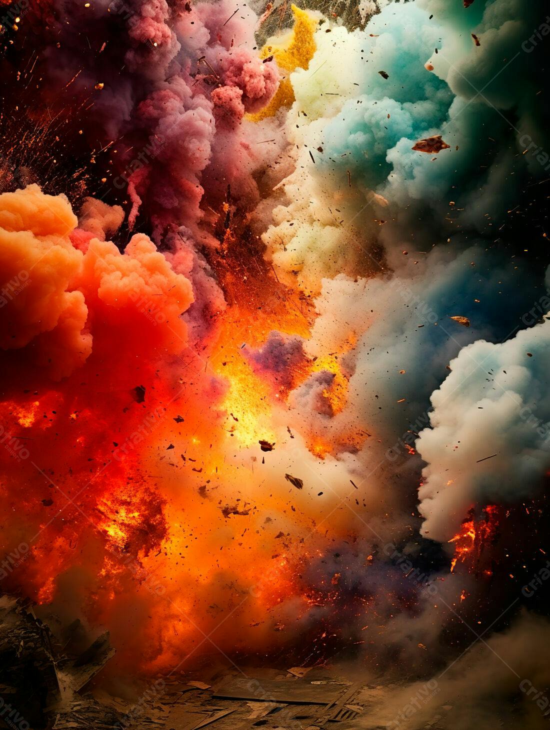 Explosão colorida com fogo e fumaça
