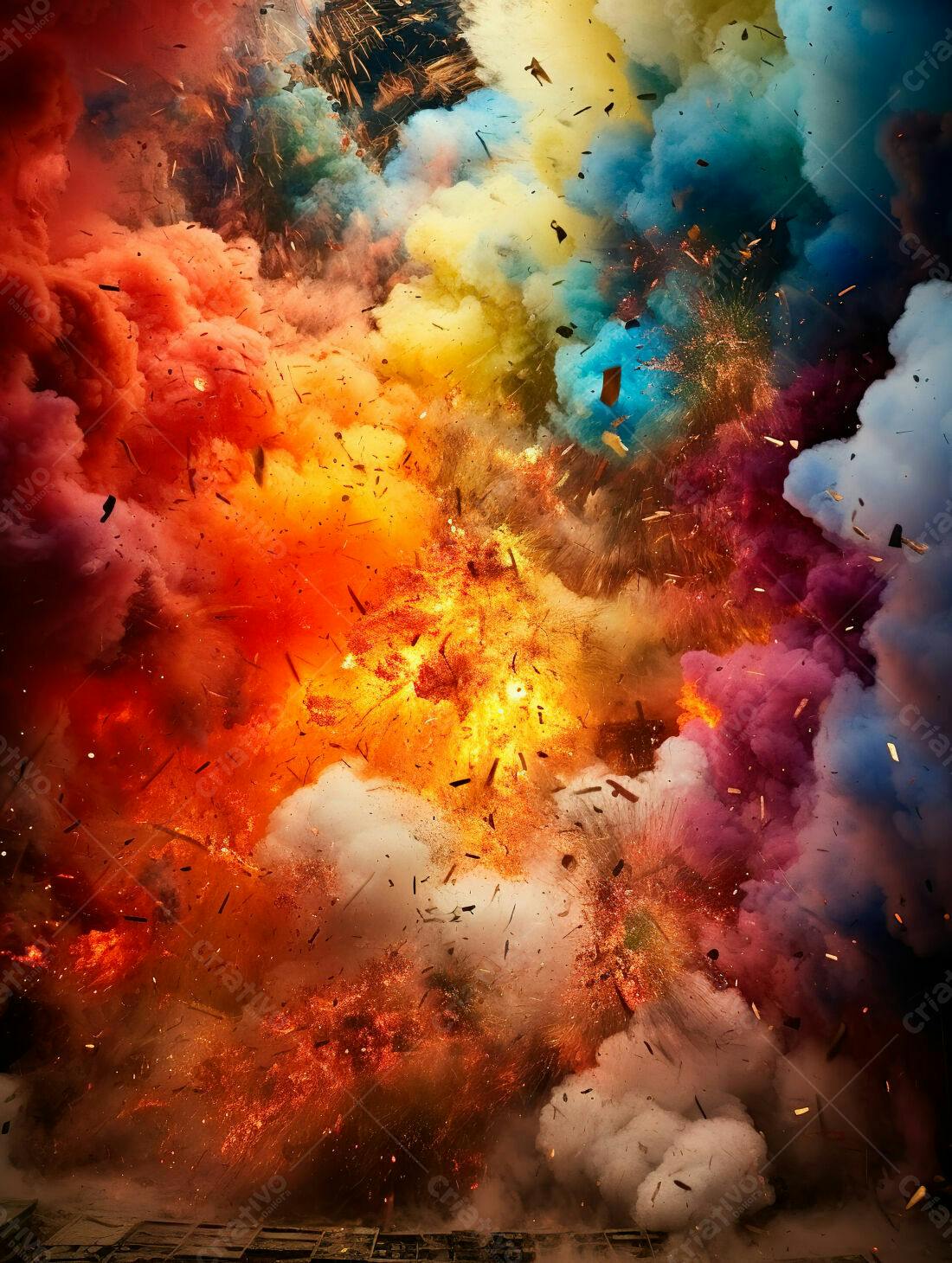 Explosão colorida com fumaça e faíscas