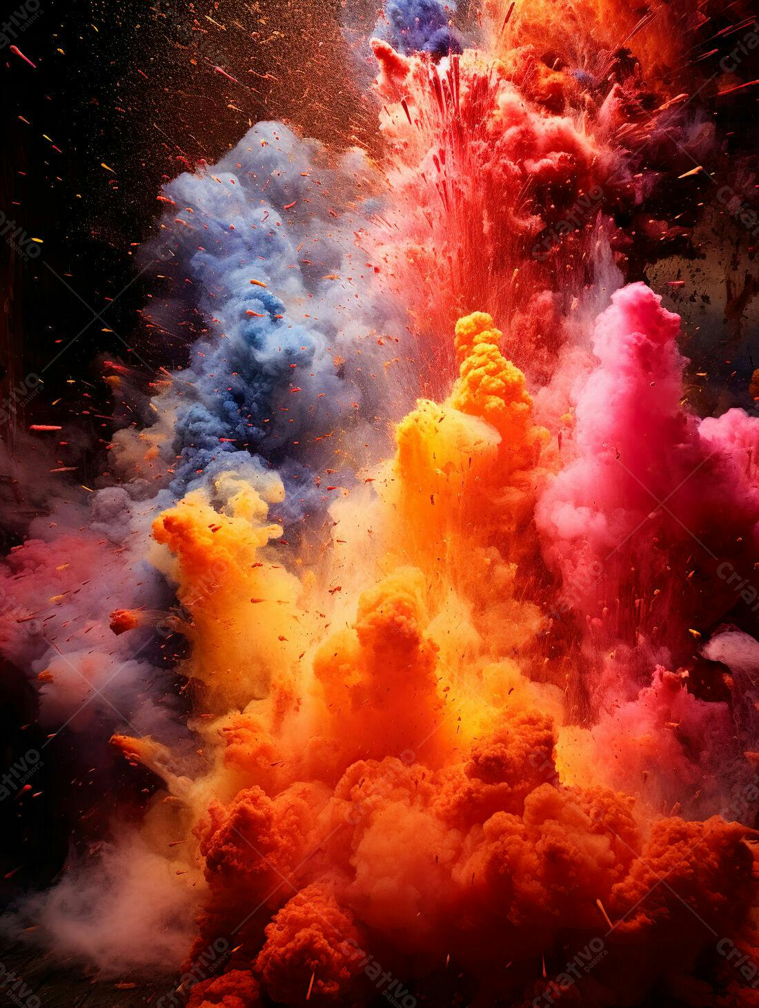 Explosão de cores vibrantes em tons laranja vermelho e azul