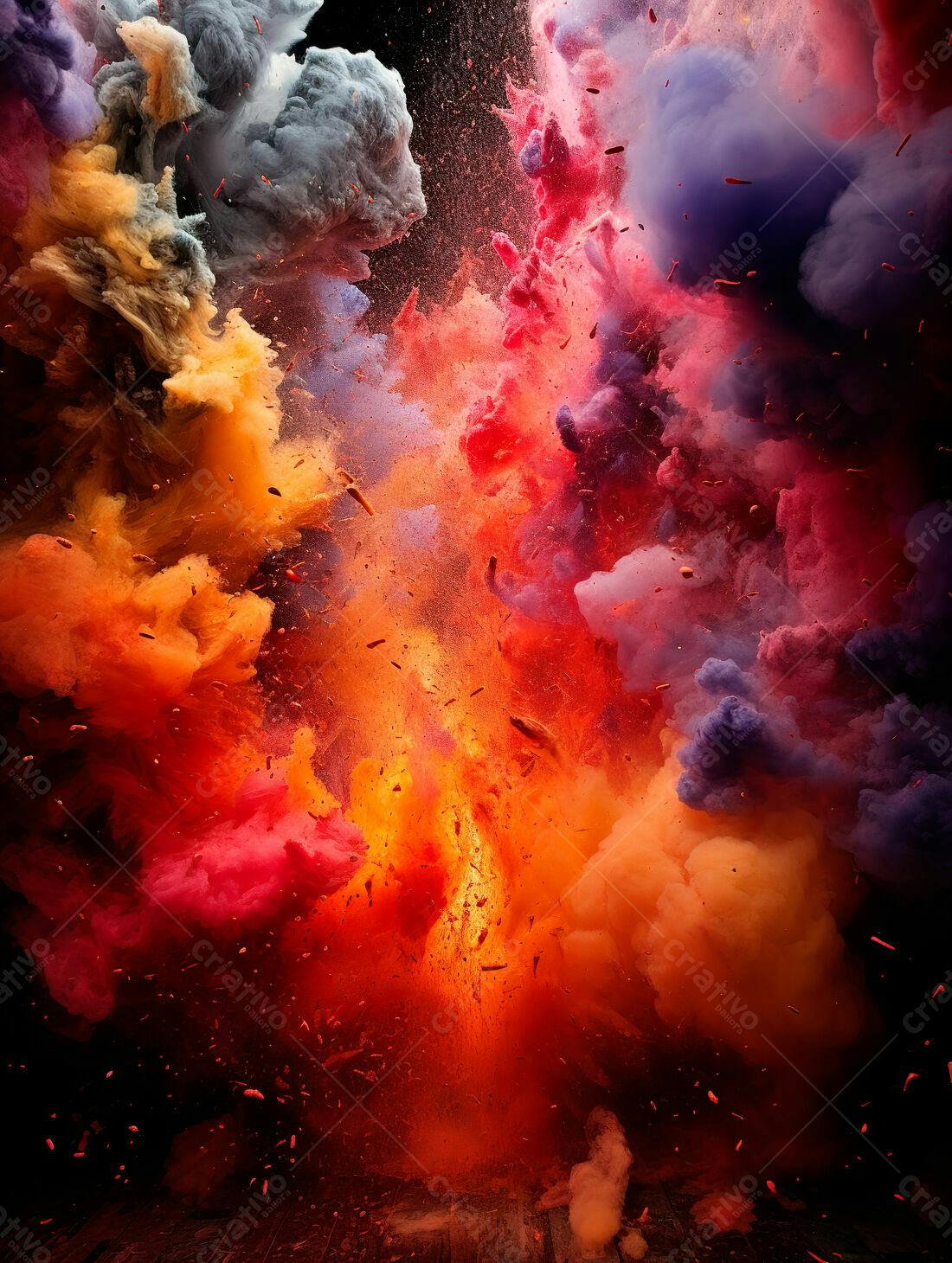 Explosão de cores vibrantes em tons laranja vermelho e azul