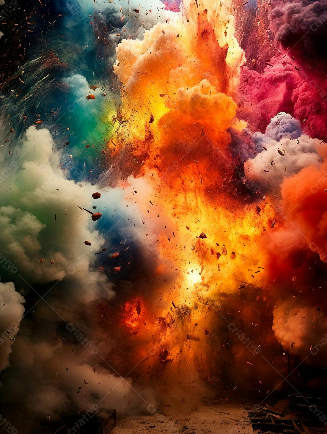 Explosão colorida com fumaça e fragmentos
