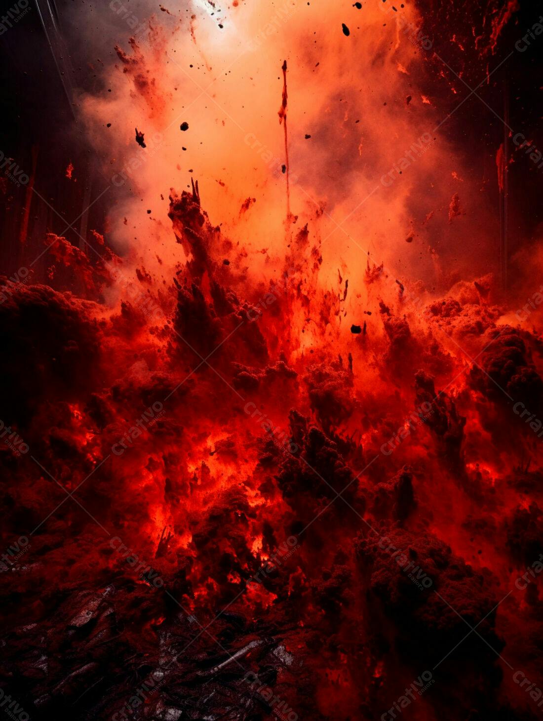 Erupção vulcânica intensa tons vermelhos